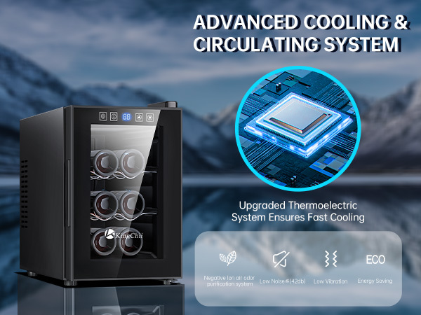 KingChii® 6 Bottles Thermoelectric Wine Cooler Refrigerator Advanced Cooling Technology, Stainless Steel & Tempered Glass For Red Wine, Champagne for Home, Kitchen, or Office