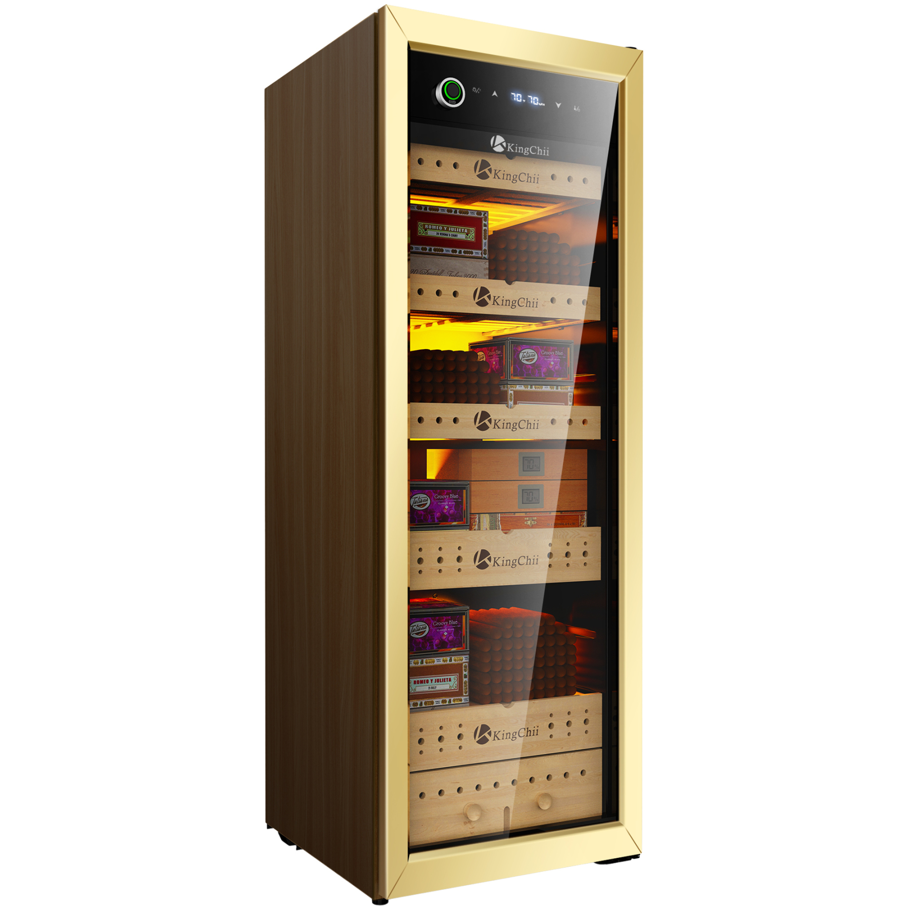 Front view of KingChii 160L electric cigar humidor with gold trim and tempered glass door.