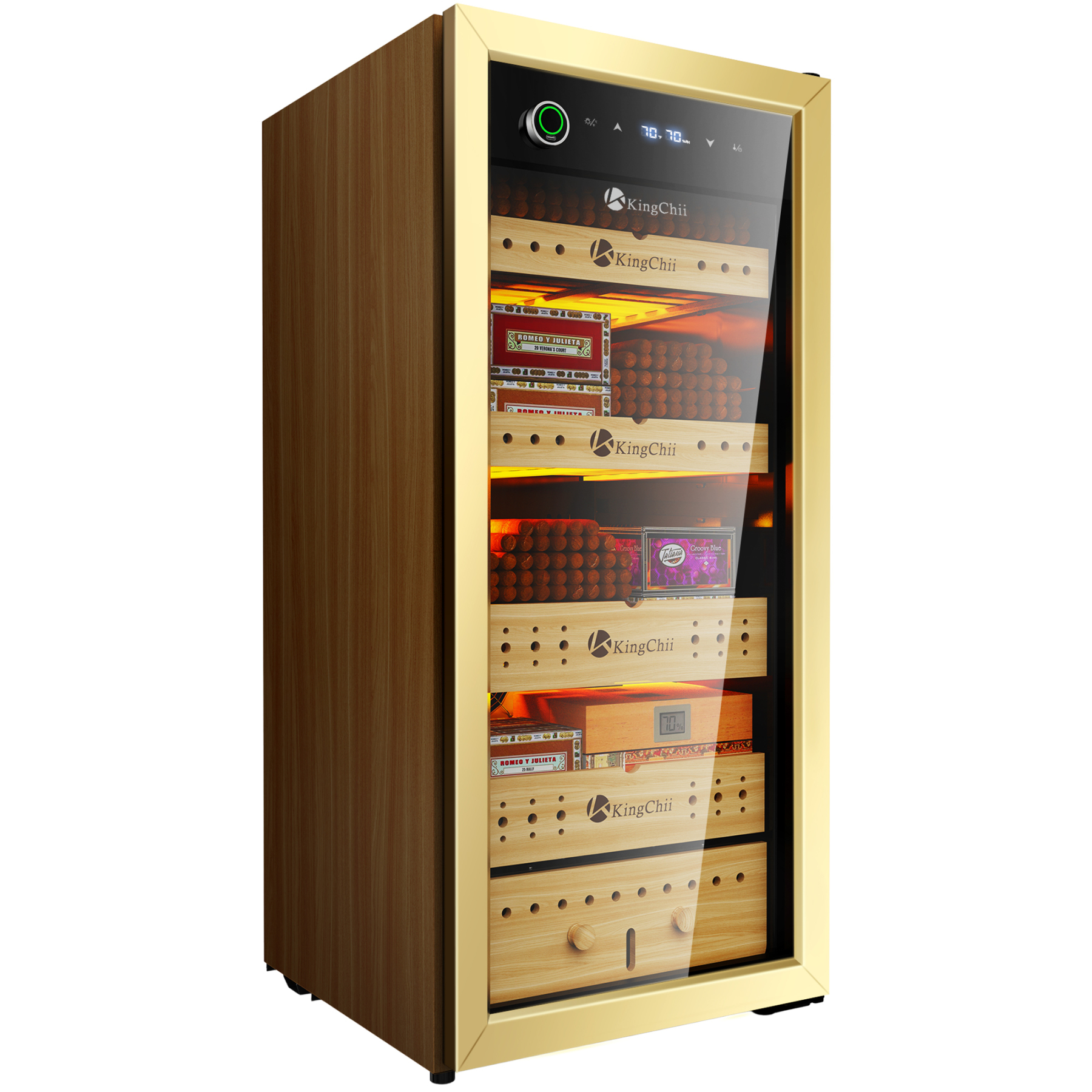 KingChii Pro 105L Gold Compressor Cigar Humidor Cabinet with Temperature and Humidity Control, 900-Cigar Capacity