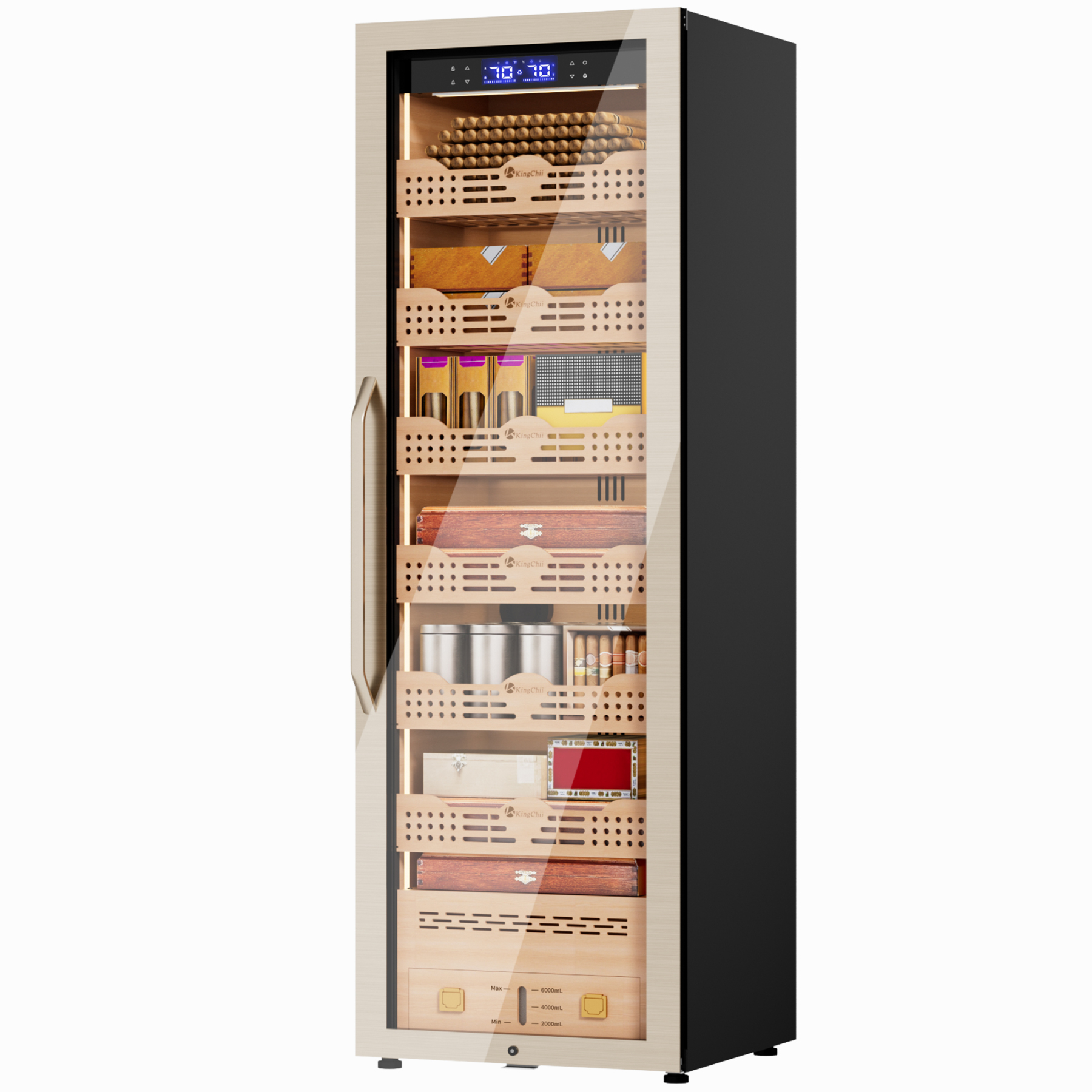 KingChii Pro 338L Smart Compressor Cigar Humidor Cabinet , Gold Glass Door & Compressor Cooling-2180 cigars