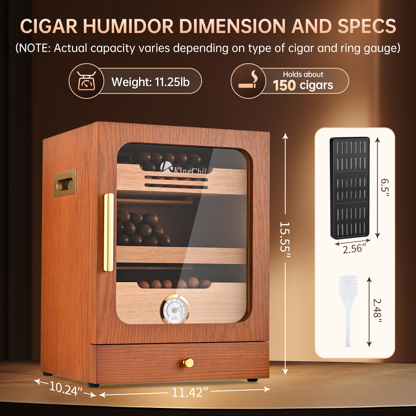 KingChii Cigar Humidor, Light Control System with Spanish Cedar Wood Drawer, Hygrometer, 3 Humidifiers and Cigar Accessories Drawer, Father's Day Gift for Men, Holds 100 Cigars (Brown)