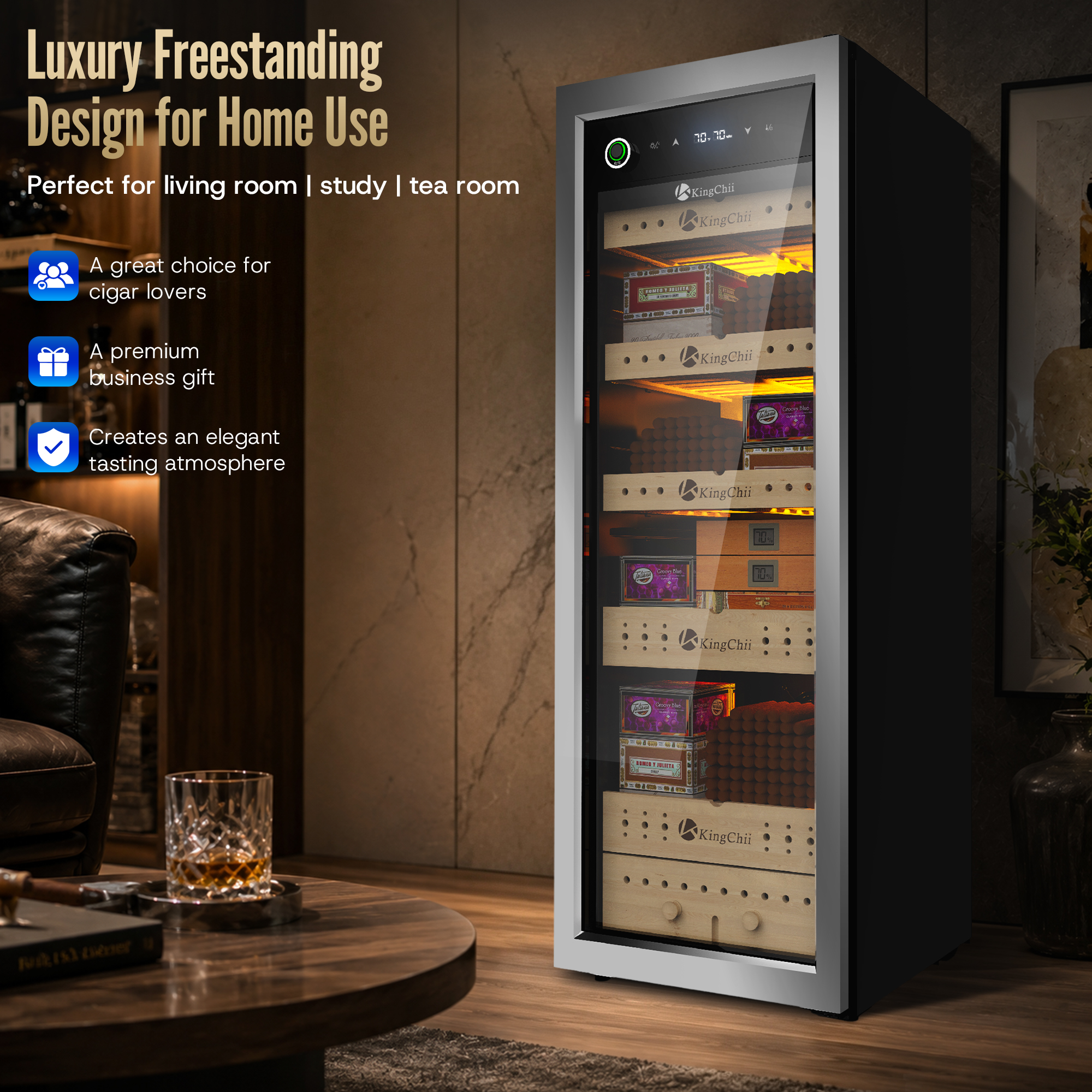 KingChii 160L Electric Cigar Humidor | Temp & Humidity Control 1300 Capacity-Silver