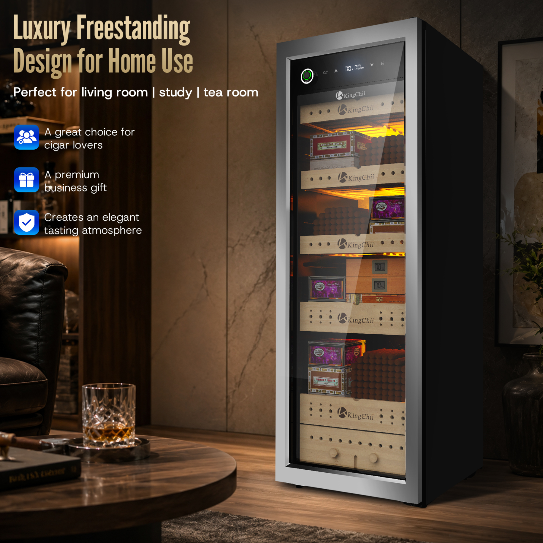 KingChii 160L Electric Cigar Humidor | Temp & Humidity Control 1300 Capacity-Silver