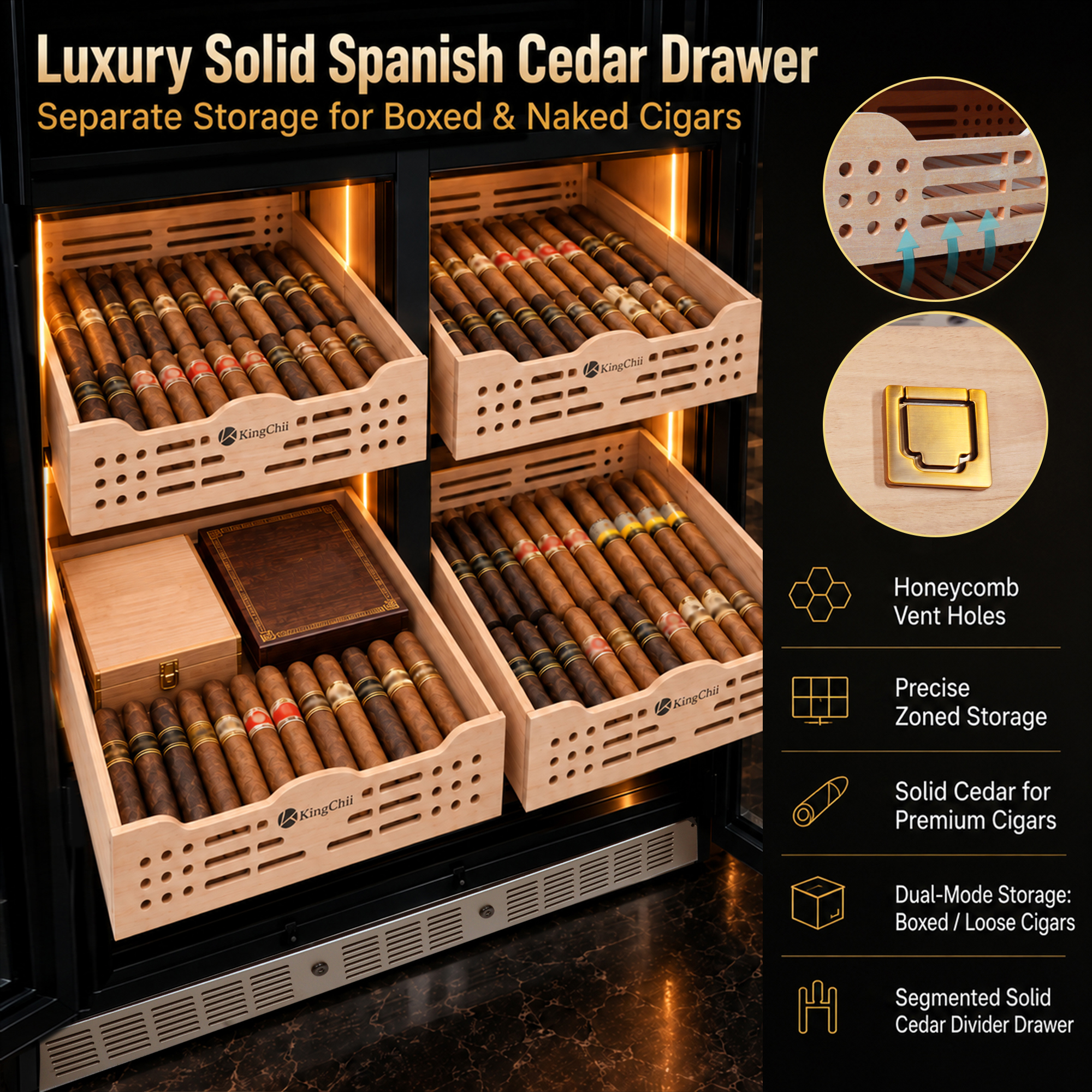 KingChii 680L Pro Dual Zone Compressor Cigar Humidor Cabinet, 4400-5600 Capacity, with Lock