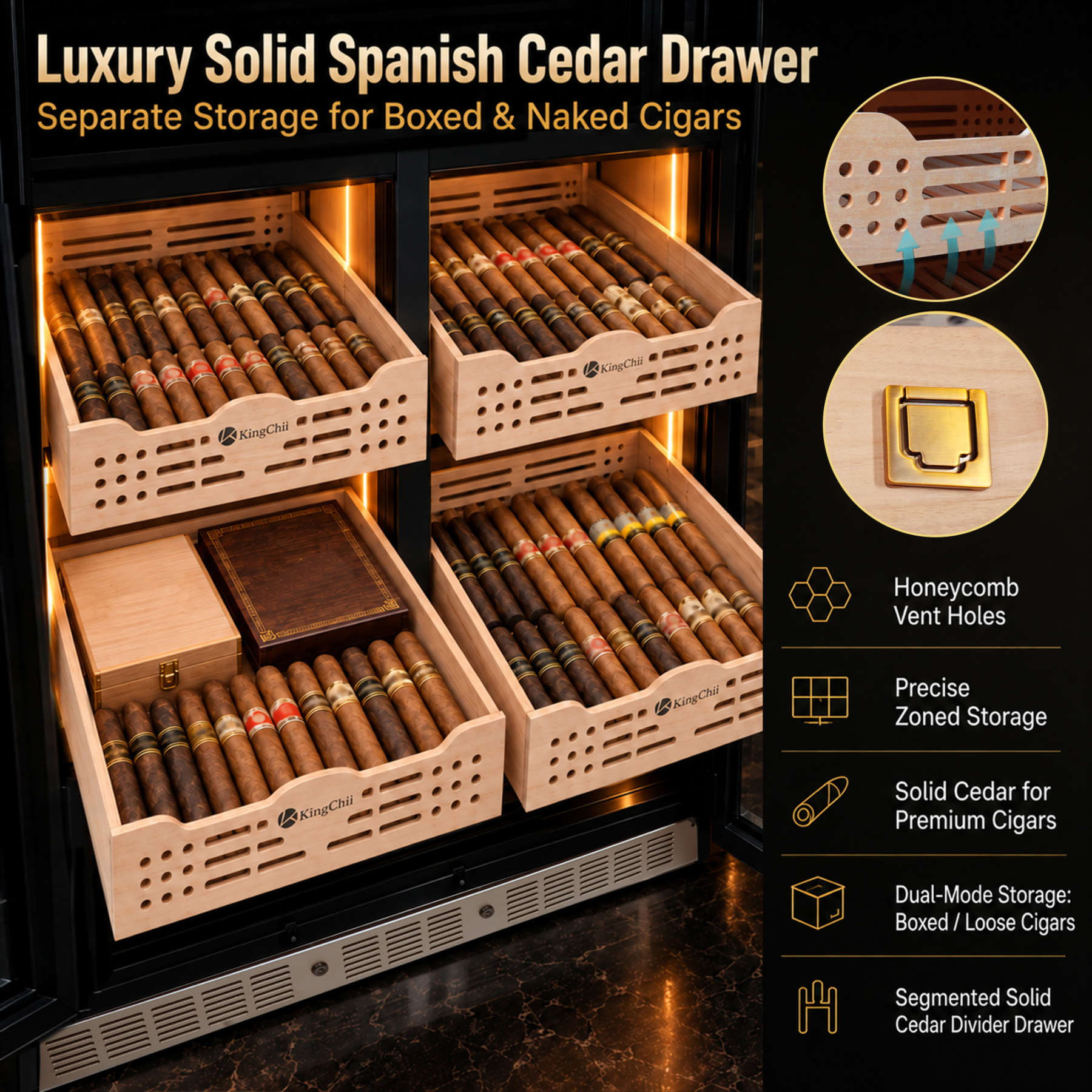 KingChii 680L Pro Dual Zone Compressor Cigar Humidor Cabinet, 4400-5600 Capacity, with Lock