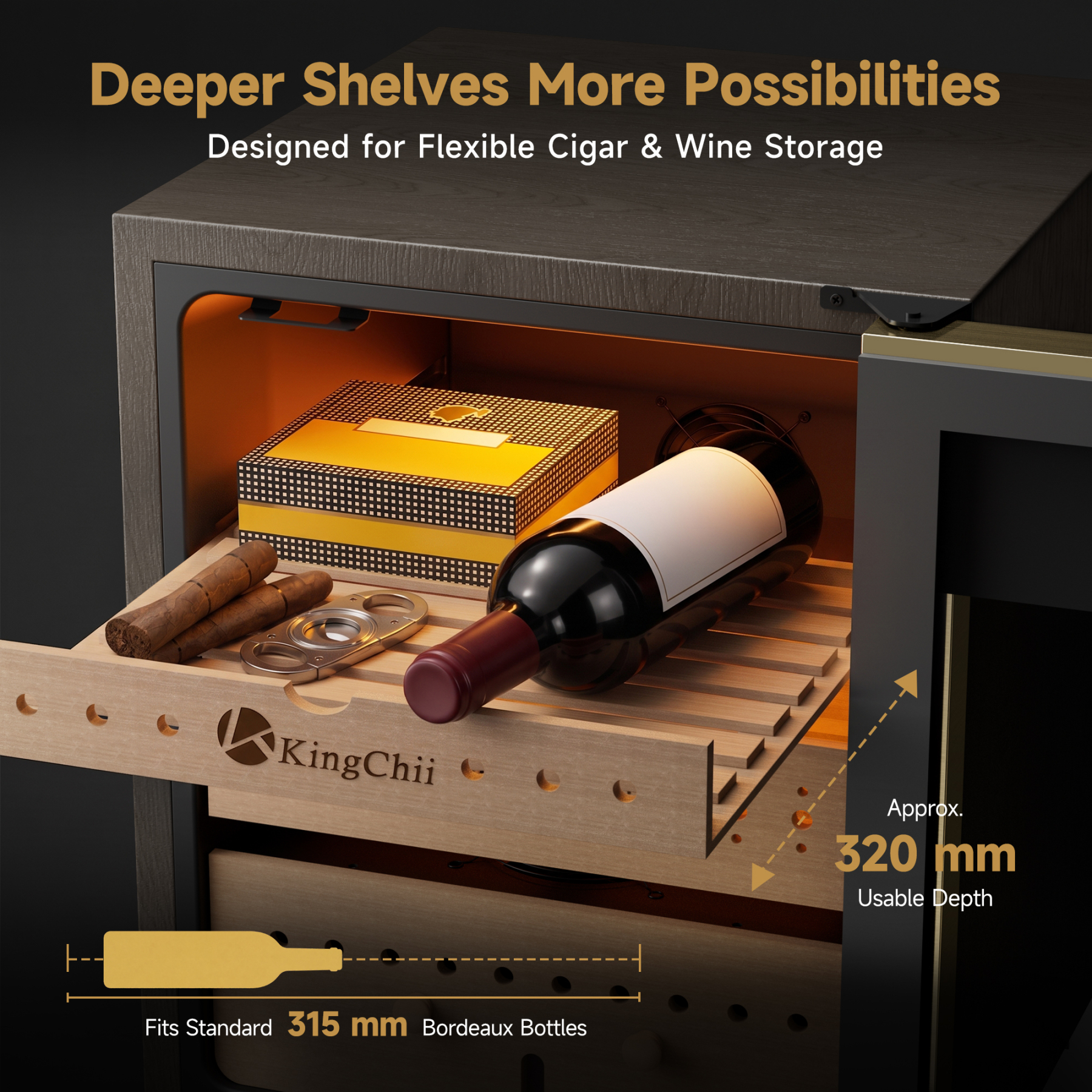 KingChii Pro 160L Compressor Electric Cigar Humidor, Temp & Humidity Control, 1300 cigar Capacity-Gold
