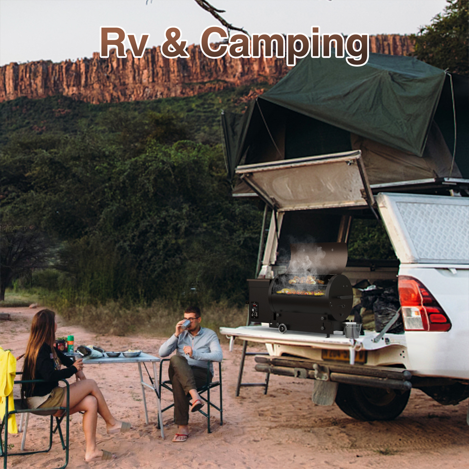 KingChii Wood Pellet Smoker & Grill, 456 sq. in BBQ Smoker with Auto Temperature Control, Folding Legs for Outdoor Patio RV, Bronze