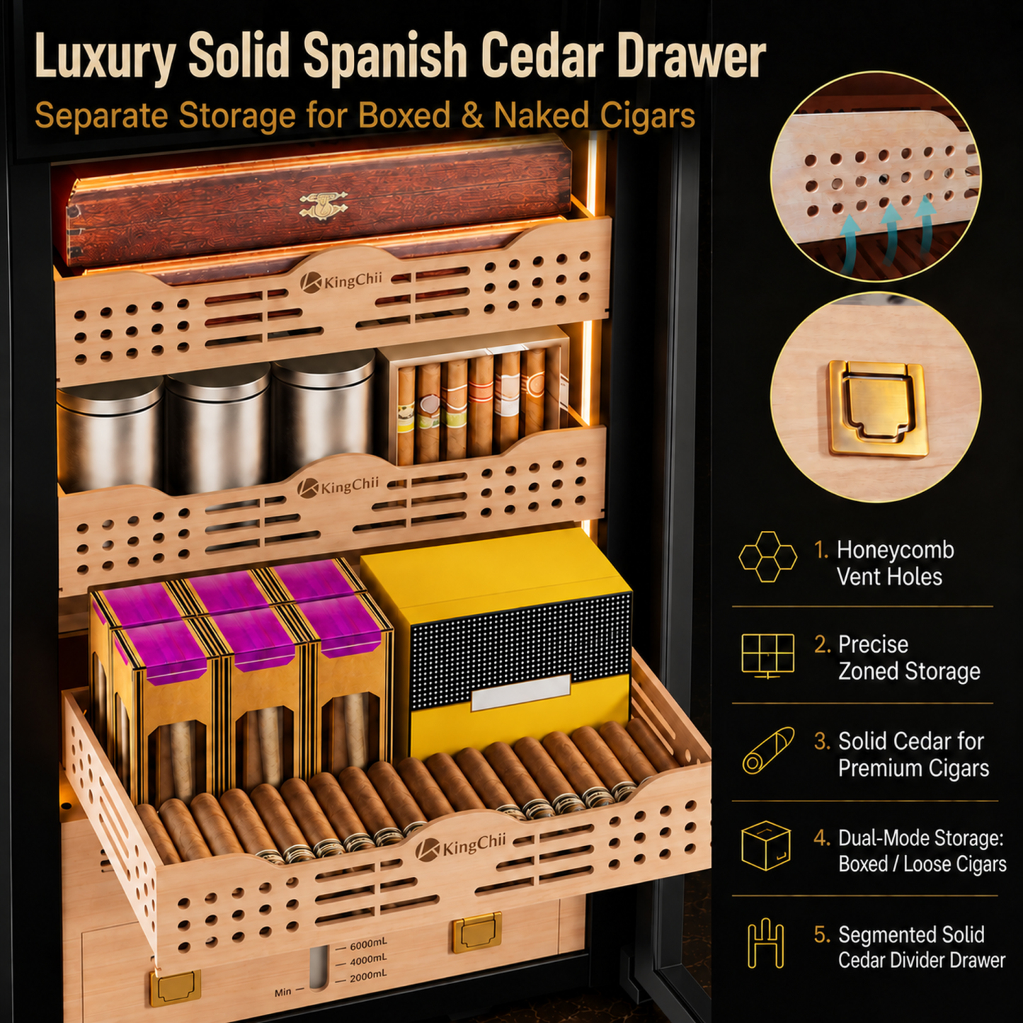 KingChii Pro 338L Smart Compressor Cigar Humidor Cabinet , Gold Glass Door & Compressor Cooling-2180 cigars