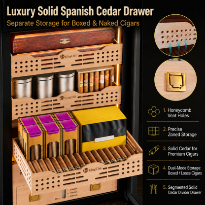 KingChii Pro 338L Smart Compressor Cigar Humidor Cabinet , Gold Glass Door & Compressor Cooling-2180 cigars