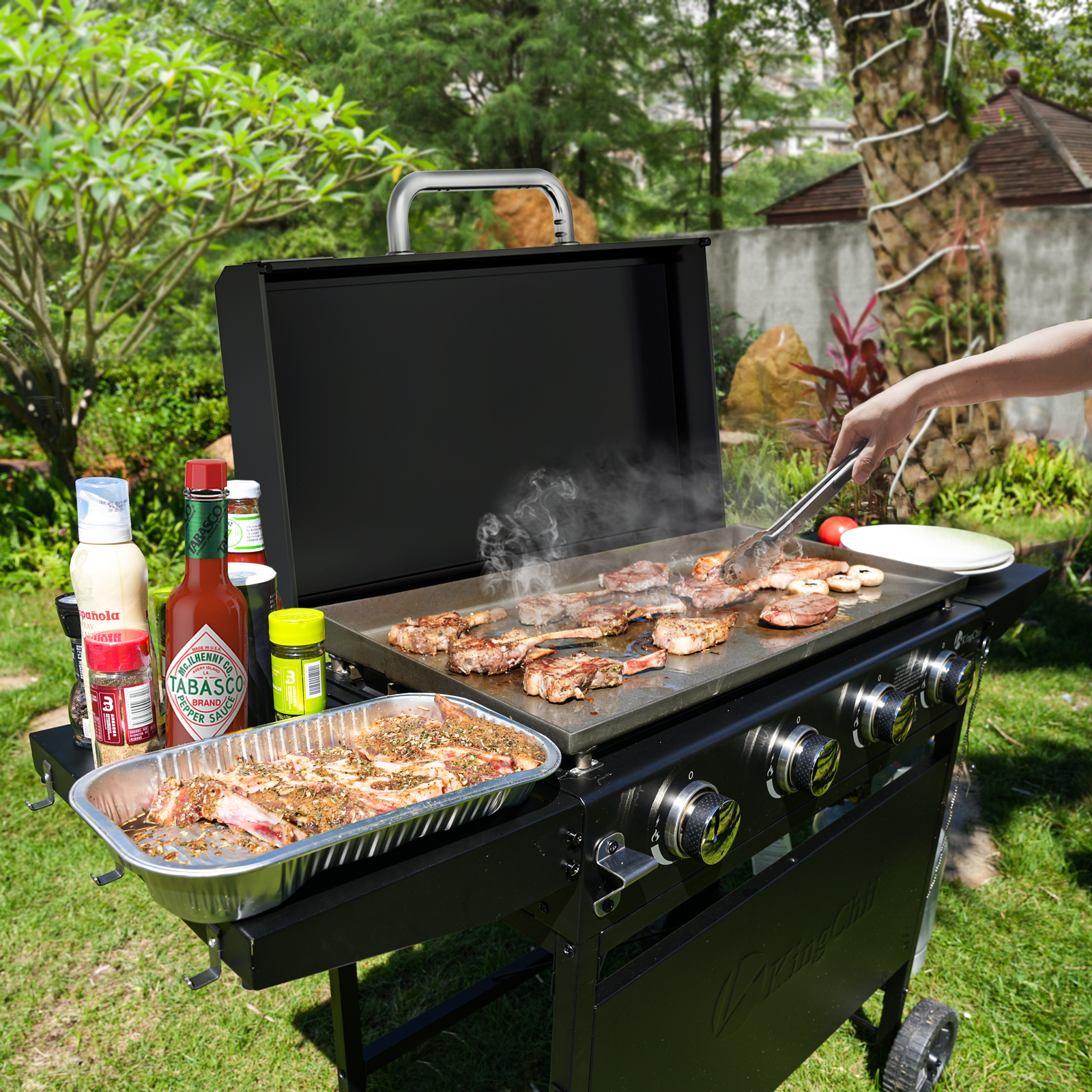 KingChii 4-Burner 32" Propane Griddle Outdoor Flat Top Gas Grill Griddle with Hard Cover for Camping, Tailgating, BBQ, Parties, Backyard & Patio