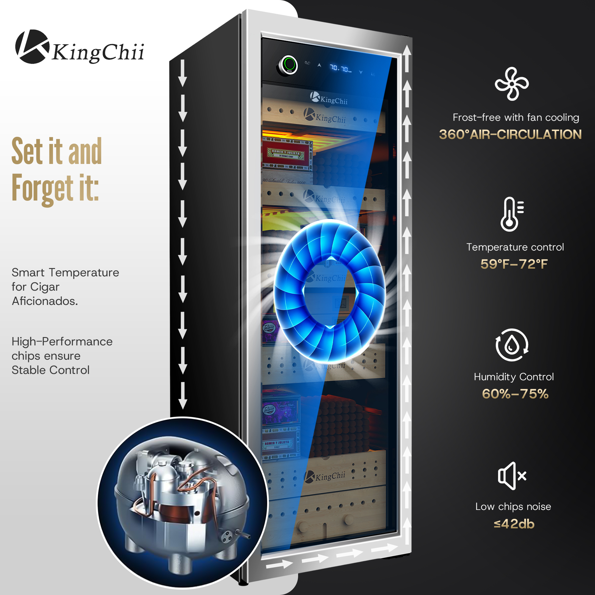 KingChii 160L Electric Cigar Humidor | Temp & Humidity Control 1300 Capacity-Silver