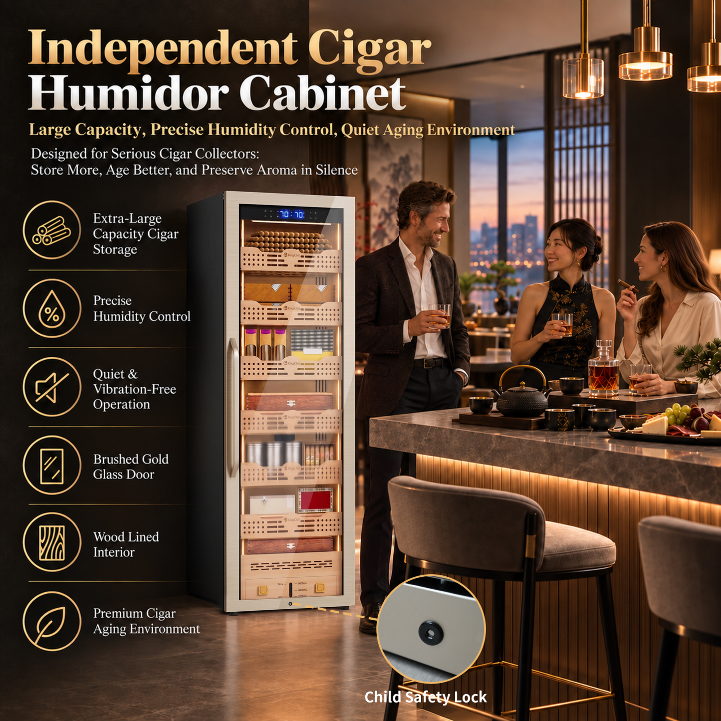 KingChii Pro 338L Smart Compressor Cigar Humidor Cabinet , Gold Glass Door & Compressor Cooling-2180 cigars