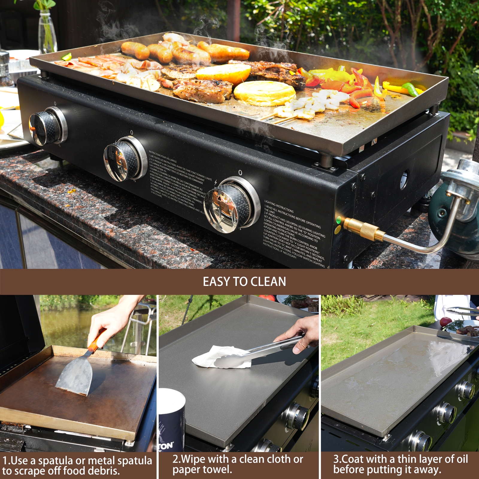 KingChii 3-Burner 28" Propane Griddle Grill for Camping, Backyard