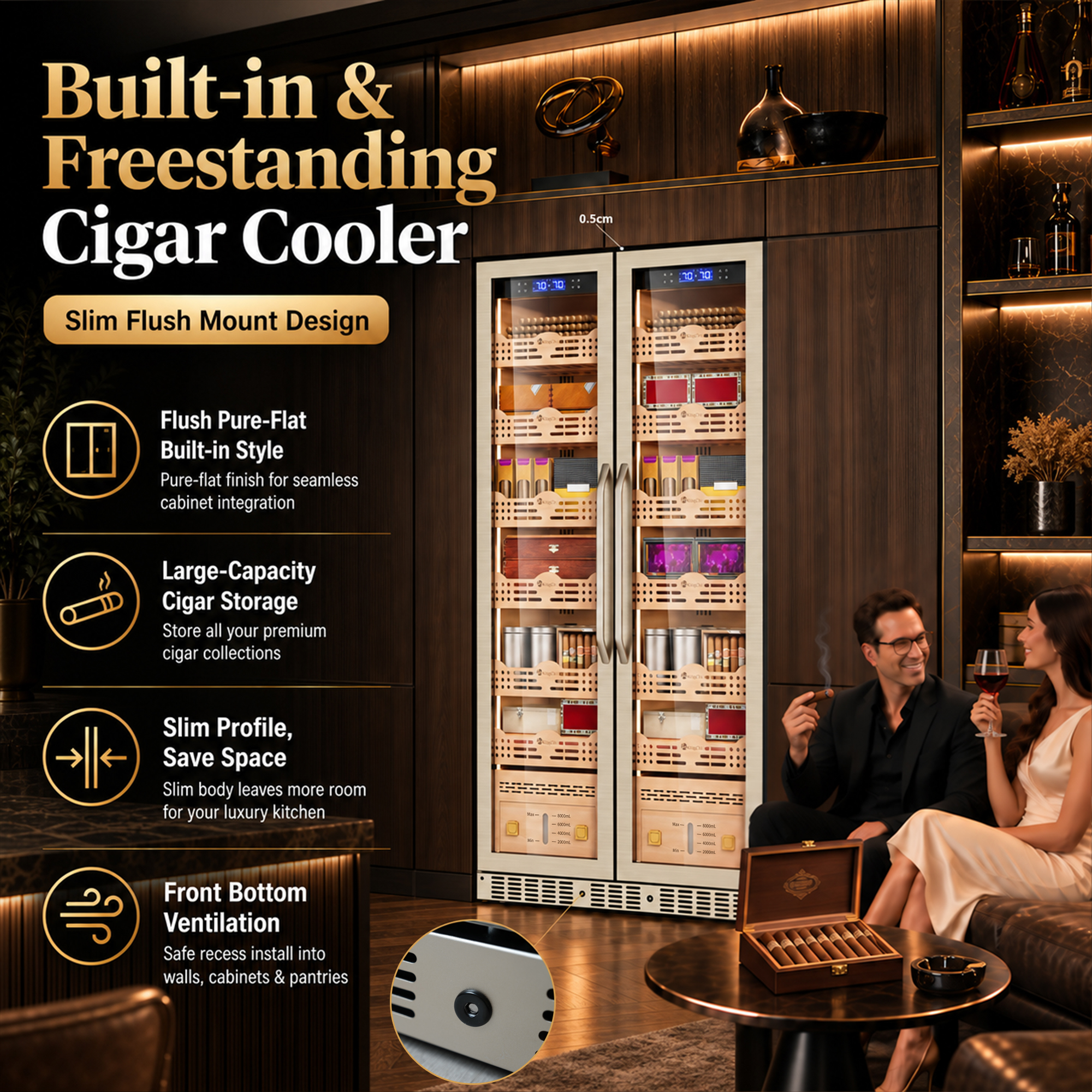 KingChii 680L Pro Dual Zone Compressor Cigar Humidor Cabinet, 4400-5600 Capacity, with Lock