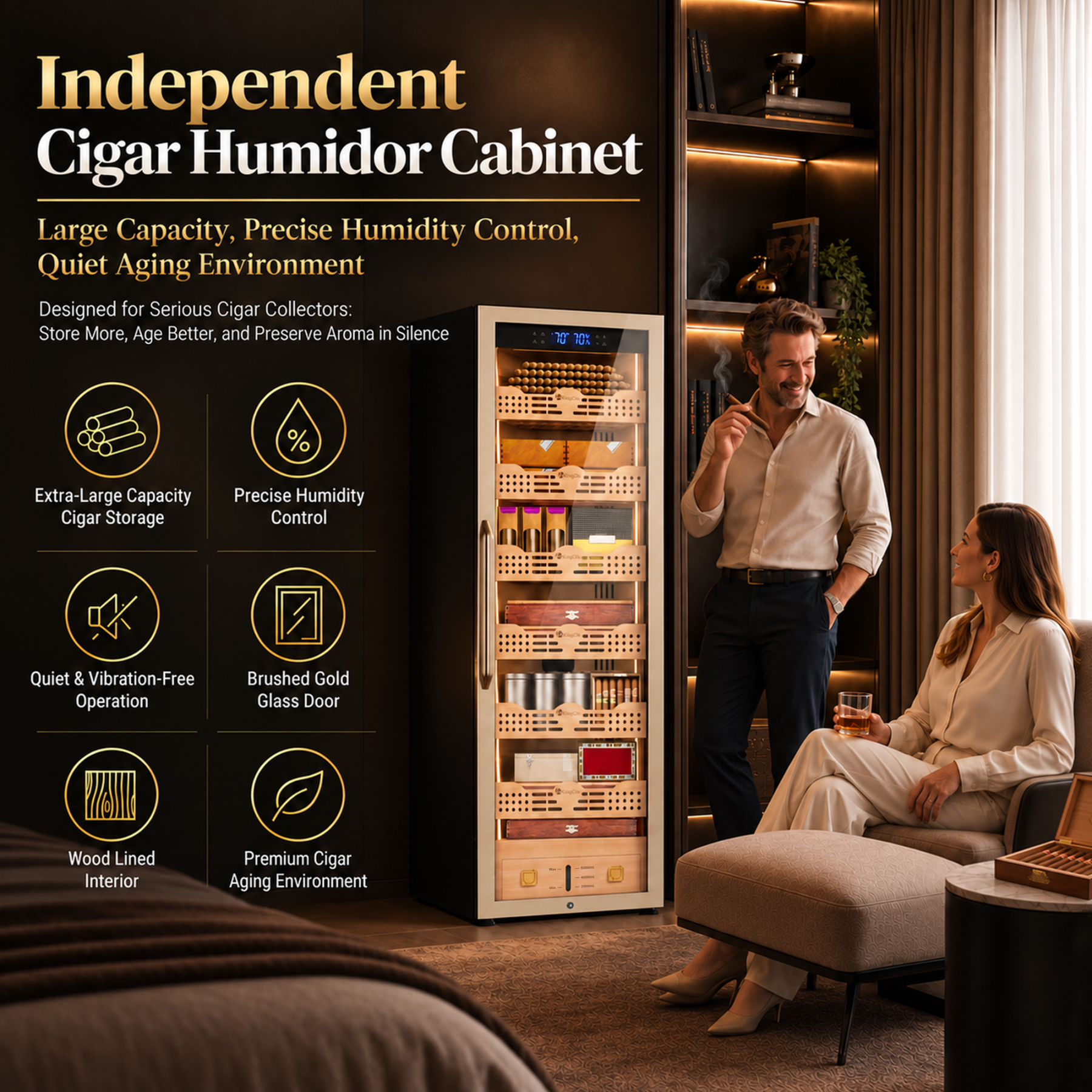 KingChii Pro 338L Smart Compressor Cigar Humidor Cabinet , Gold Glass Door & Compressor Cooling-2180 cigars