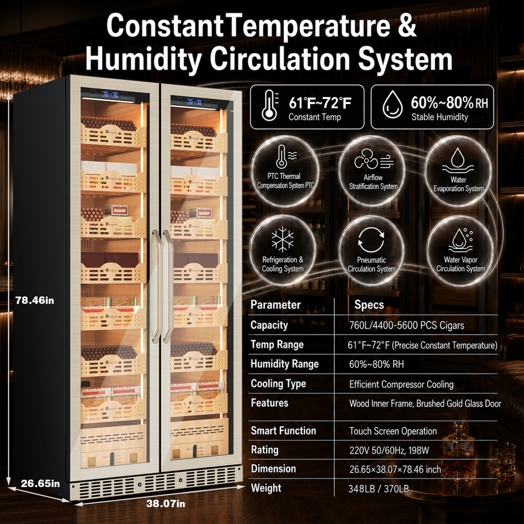 KingChii Pro 760L Dual Zone Compressor Cigar Humidor Cabinet, 4,400-5,600 Cigar Capacity