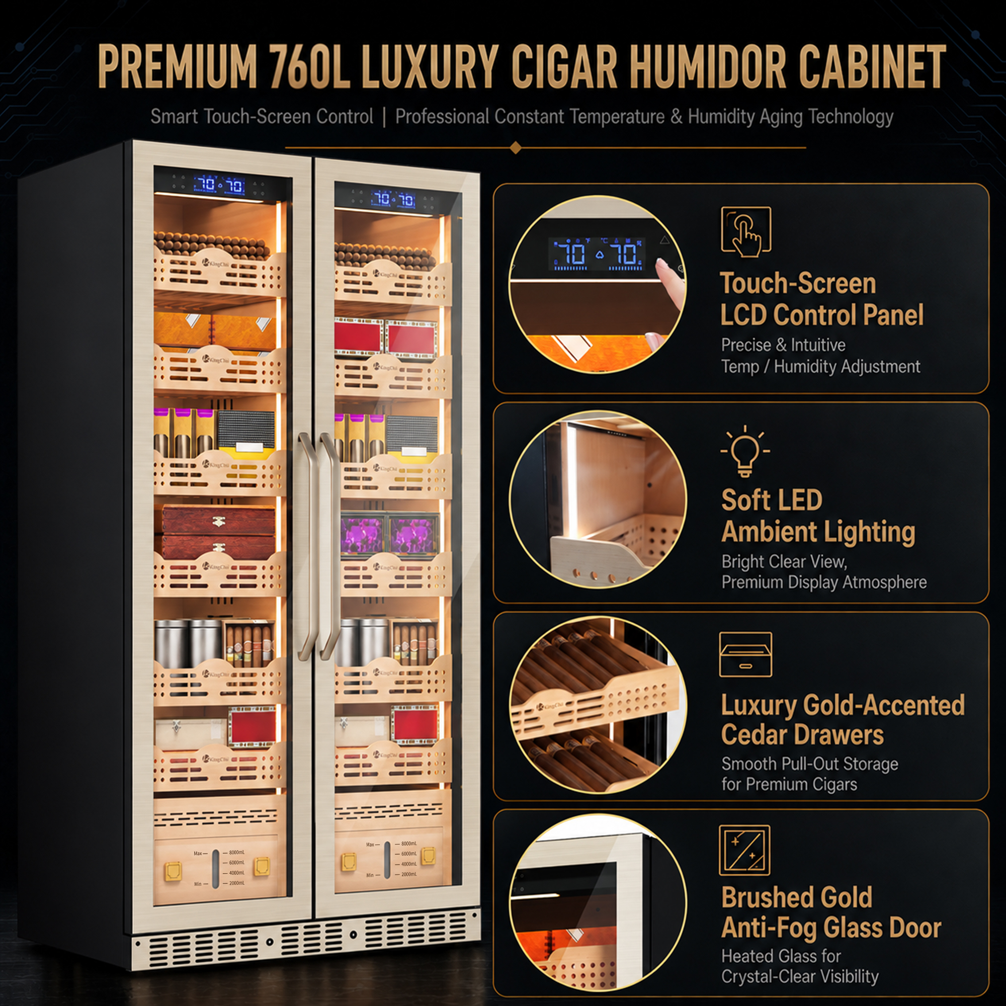 KingChii 680L Pro Dual Zone Compressor Cigar Humidor Cabinet, 4400-5600 Capacity, with Lock