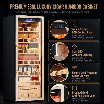 KingChii Pro 338L Smart Compressor Cigar Humidor Cabinet , Gold Glass Door & Compressor Cooling-2180 cigars