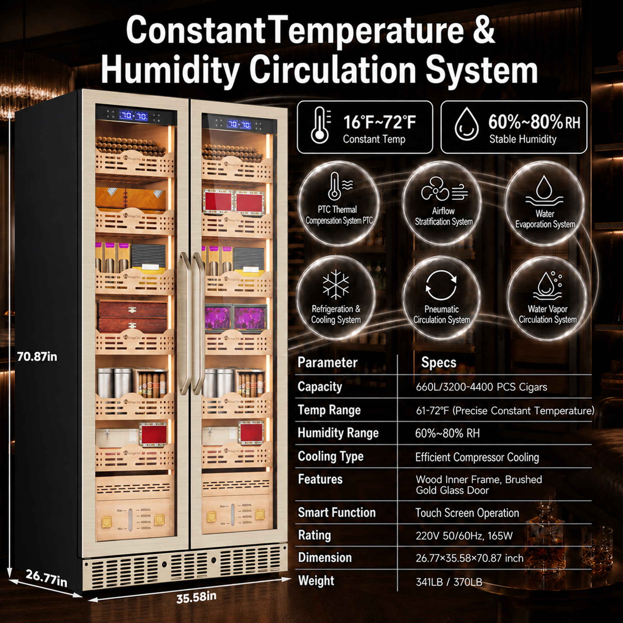 KingChii 680L Pro Dual Zone Compressor Cigar Humidor Cabinet, 4400-5600 Capacity, with Lock