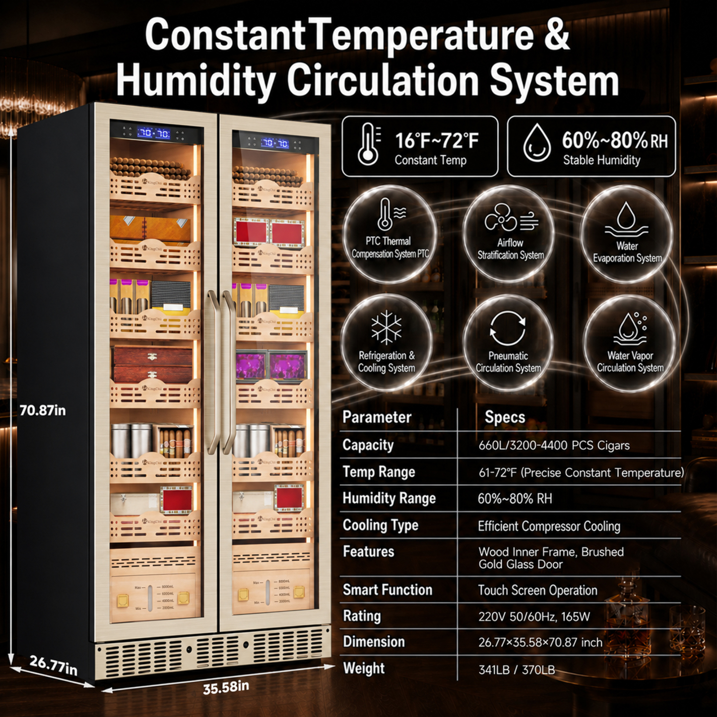 KingChii 680L Pro Dual Zone Compressor Cigar Humidor Cabinet, 4400-5600 Capacity, with Lock