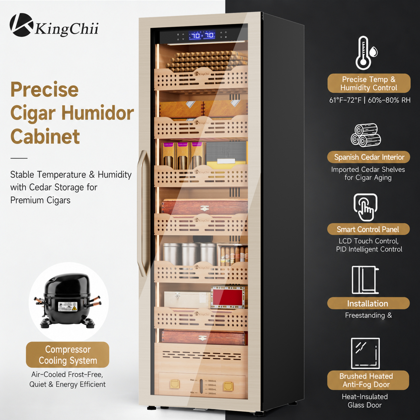 KingChii Pro 475L Compressor Cigar Humidor Cabinet with Temperature & Humidity Control, 3980 Capacity