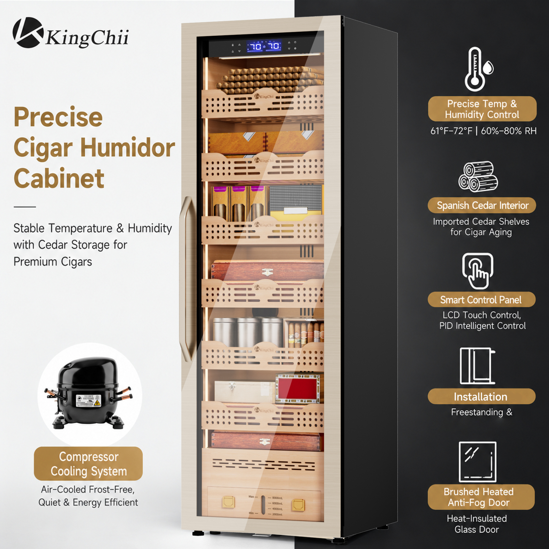 KingChii Pro 475L Compressor Cigar Humidor Cabinet with Temperature & Humidity Control, 3980 Capacity
