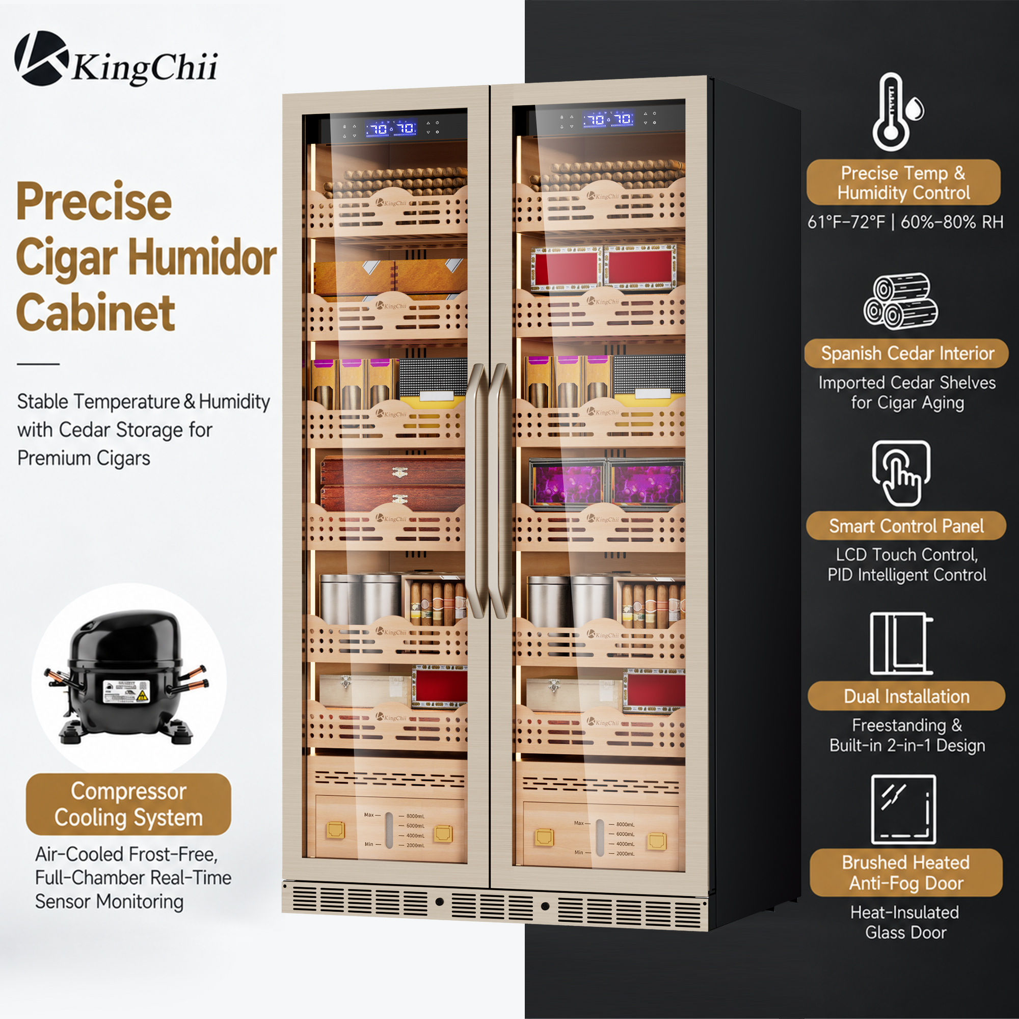 KingChii 680L Pro Dual Zone Compressor Cigar Humidor Cabinet, 4400-5600 Capacity, with Lock
