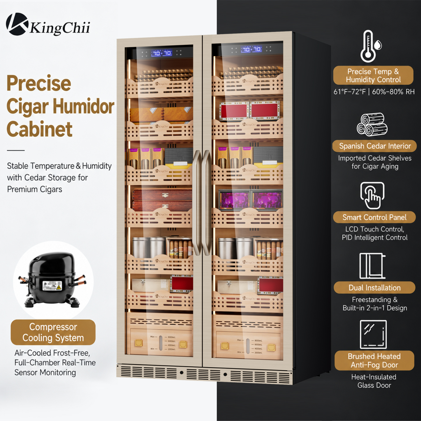 KingChii 680L Pro Dual Zone Compressor Cigar Humidor Cabinet, 4400-5600 Capacity, with Lock