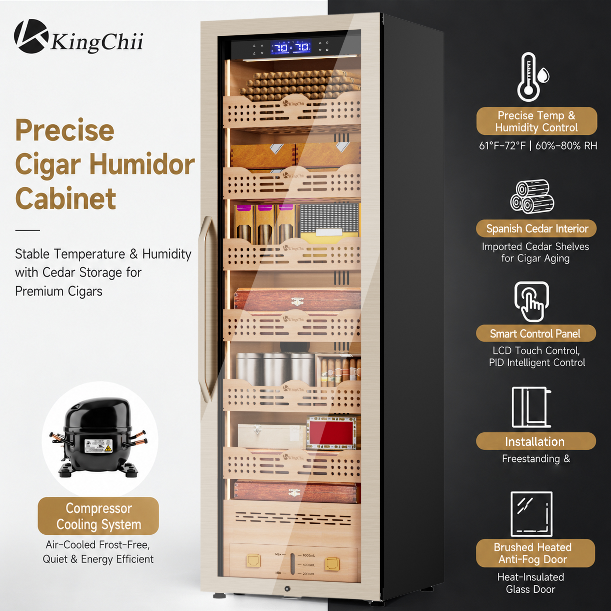 KingChii Pro 338L Smart Compressor Cigar Humidor Cabinet , Gold Glass Door & Compressor Cooling-2180 cigars