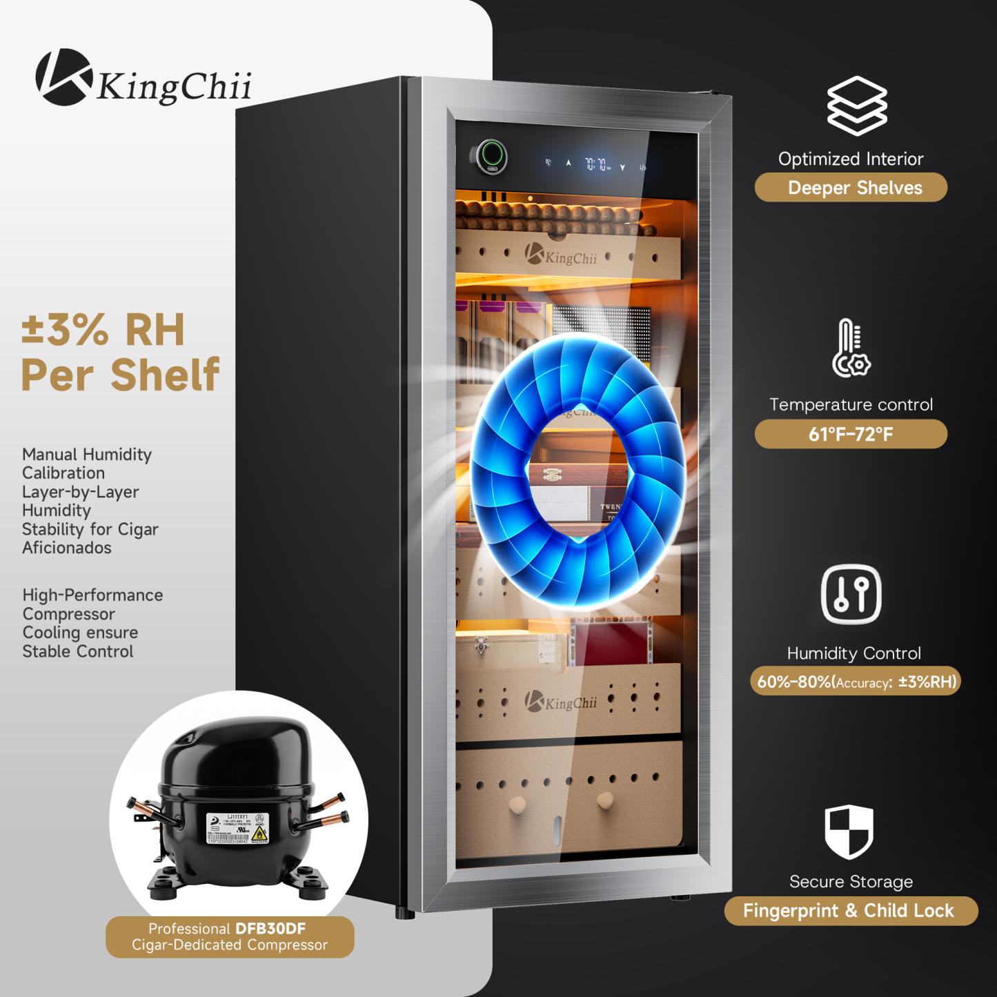 KingChii Pro 105L Compressor  Cigar Humidor with Temp & Humidity Control, 900-Cigar Capacity, Silver