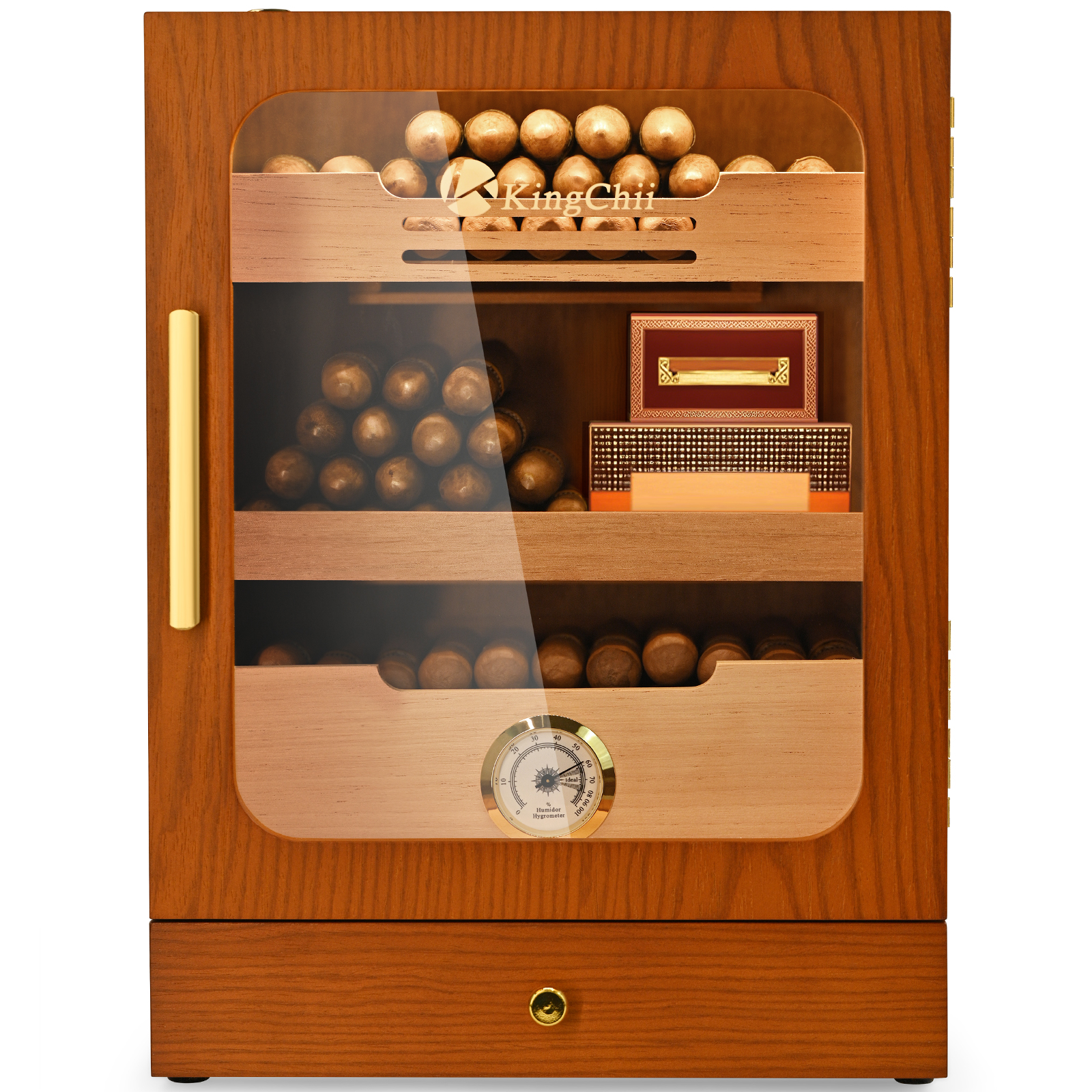 KingChii Cigar Humidor, Light Control System with Spanish Cedar Wood Drawer, Hygrometer, 3 Humidifiers and Cigar Accessories Drawer, Father's Day Gift for Men, Holds 100 Cigars (Brown)