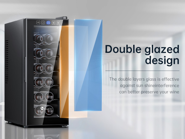 KingChii® 12 Bottles Thermoelectric Wine Cooler Refrigerator Advanced Cooling Technology, Stainless Steel & Tempered Glass For Red Wine, Champagne for Home, Kitchen, or Office