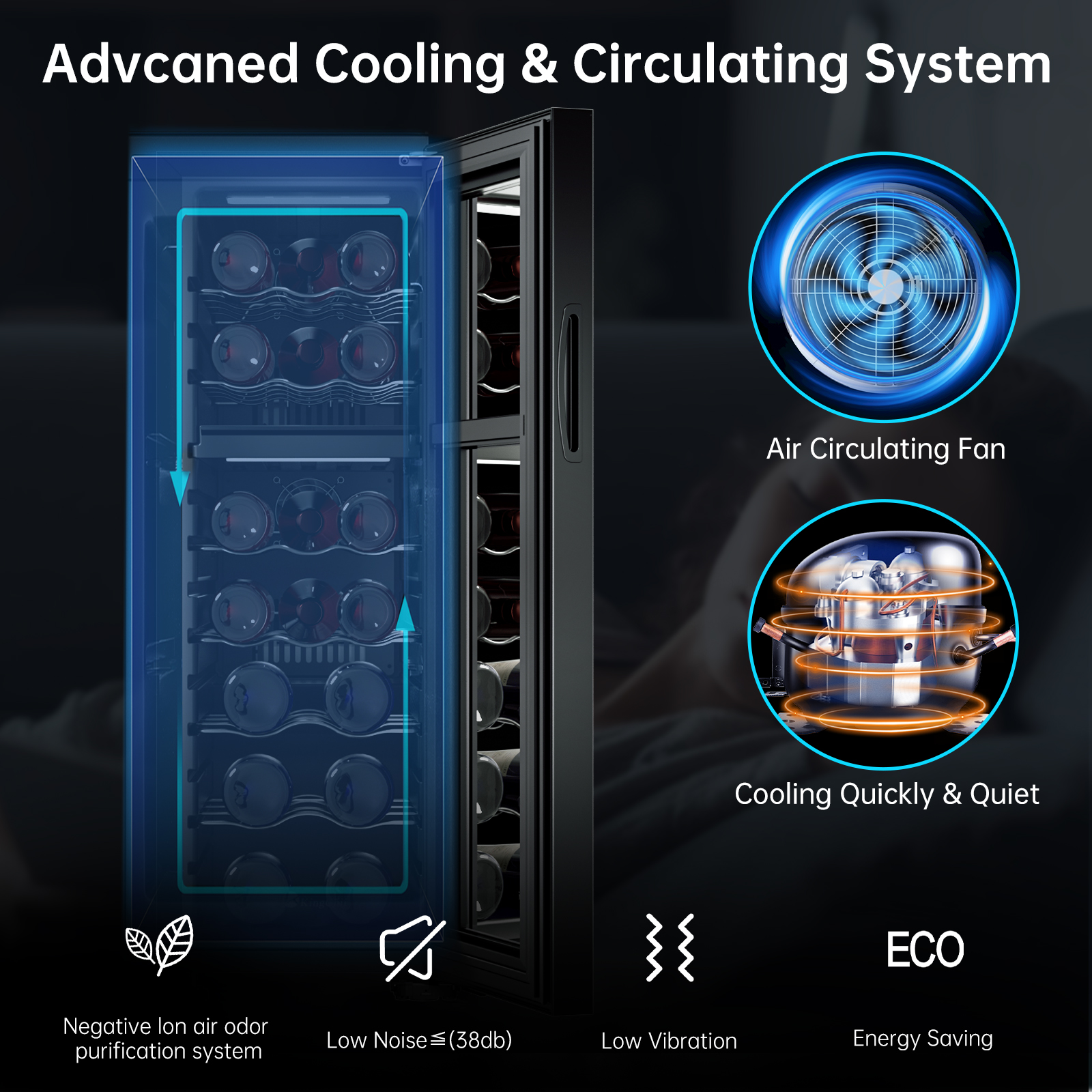 KingChii 18 Bottle Dual Zone Wine Cooler Refrigerator, Freestanding Wine Fridge with Intelligent Digital Control, Low Noise Professional Compressor, Stainless Steel & Tempered Glass for Home, Office, or Kitchen