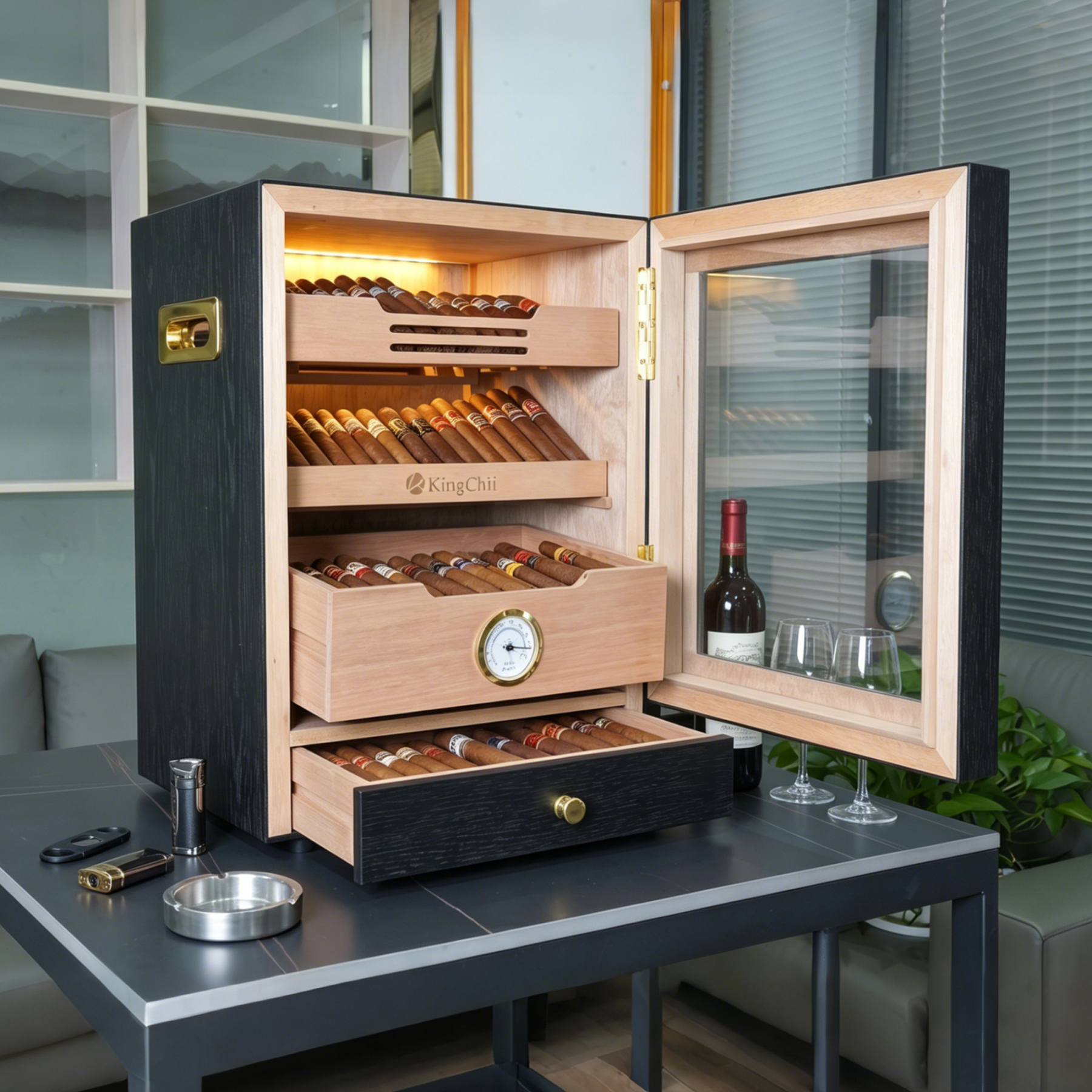 KingChii 20L 100-Cigar Light-Control Humidor, Black