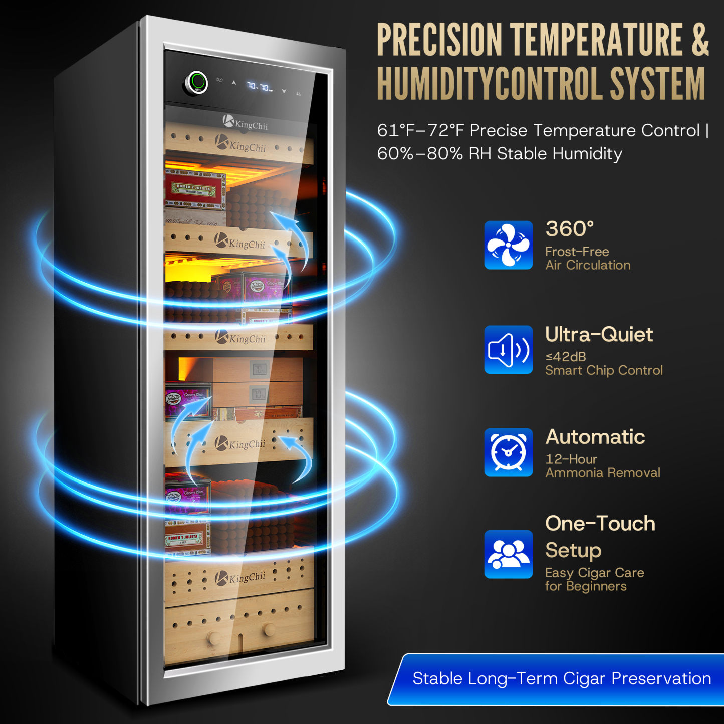 KingChii 160L Electric Cigar Humidor | Temp & Humidity Control 1300 Capacity-Silver