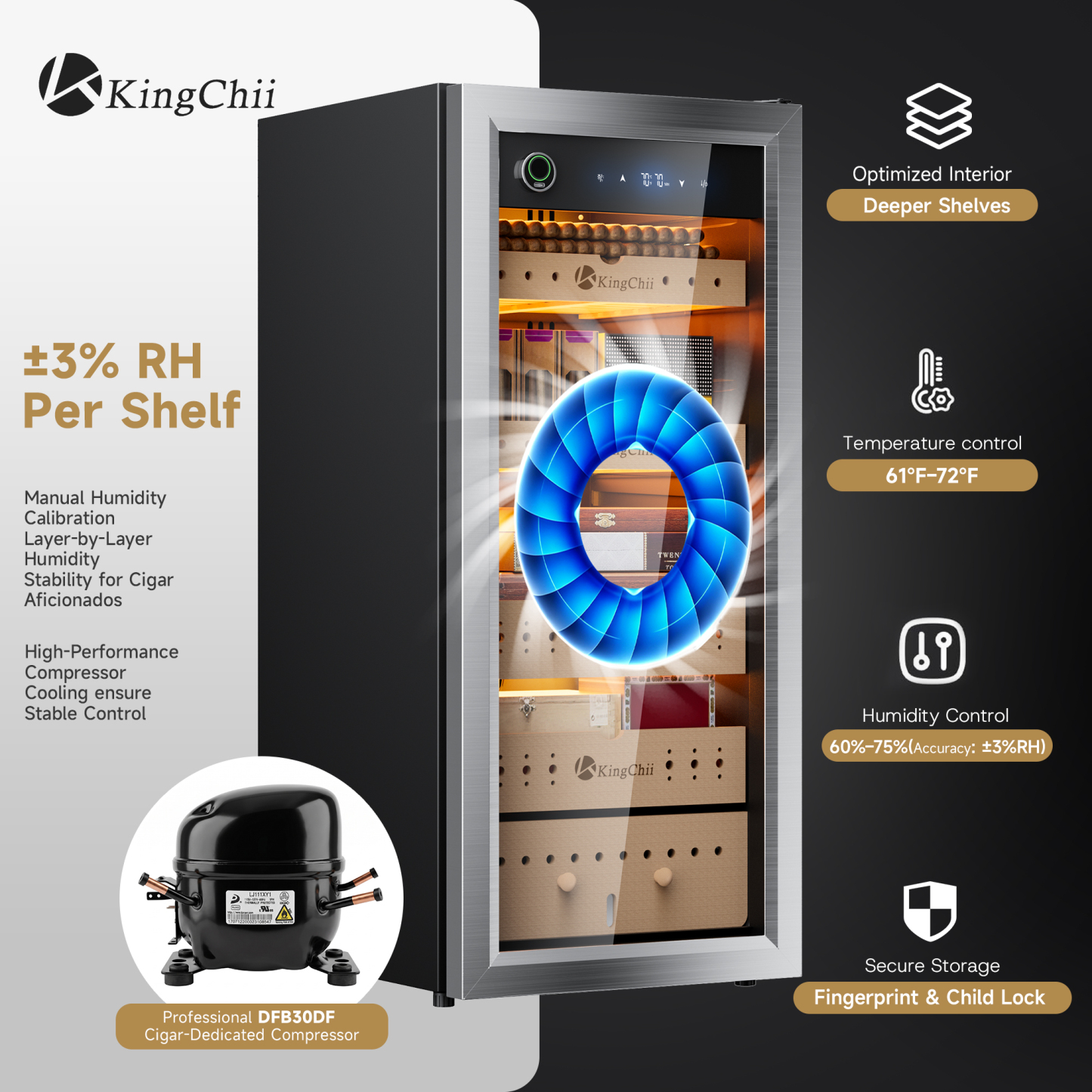 KingChii 105L Compressor Cigar Humidor with Built-In Humidification and Air Circulation System