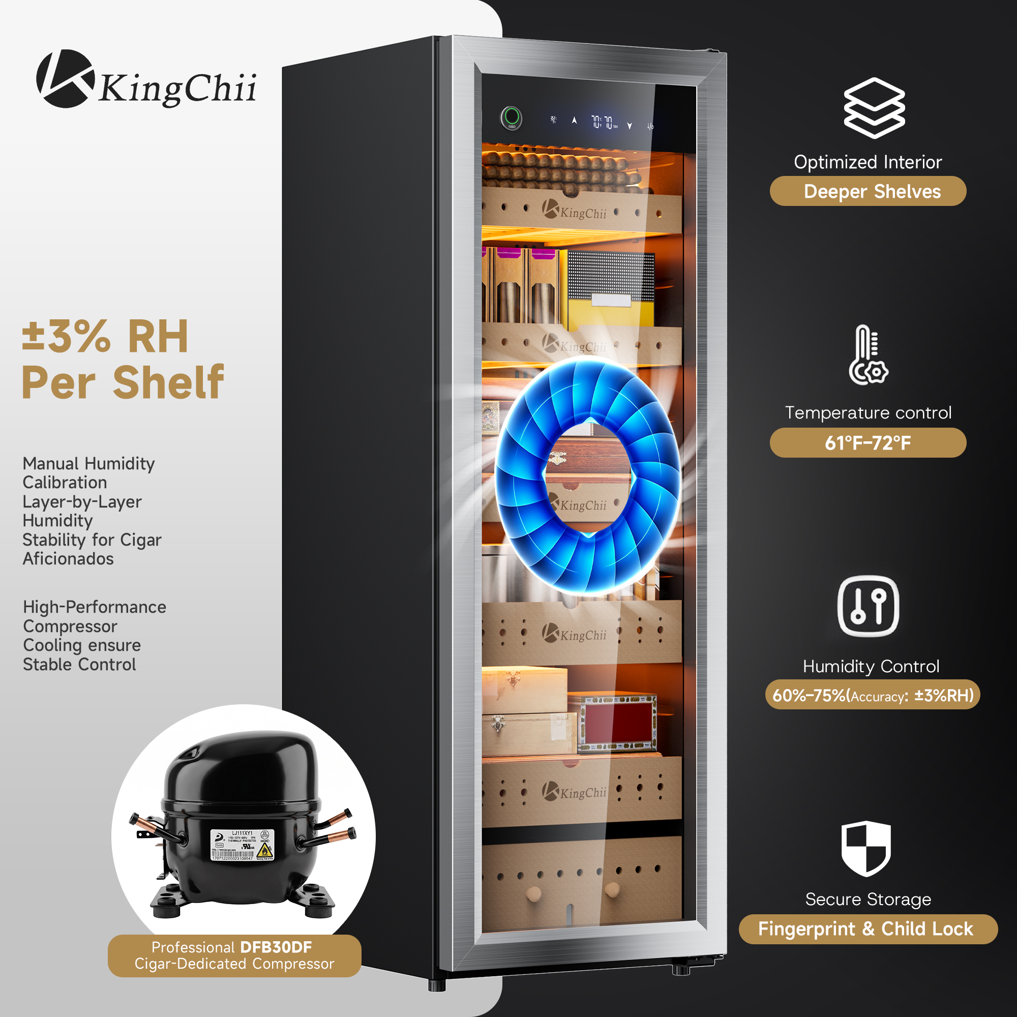 KingChii Pro 160L Compressor Electric Cigar Humidor, Temp & Humidity Control, 1300 cigar Capacity-Silver