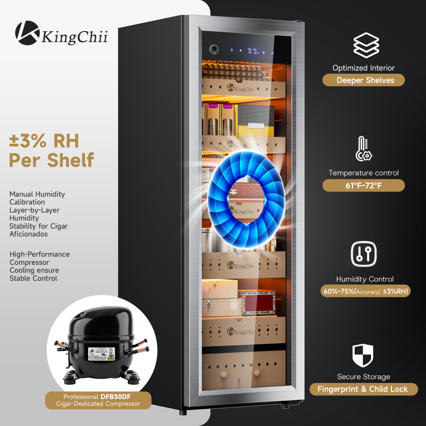 KingChii Pro 160L Compressor Electric Cigar Humidor, Temp & Humidity Control, 1300 cigar Capacity-Silver