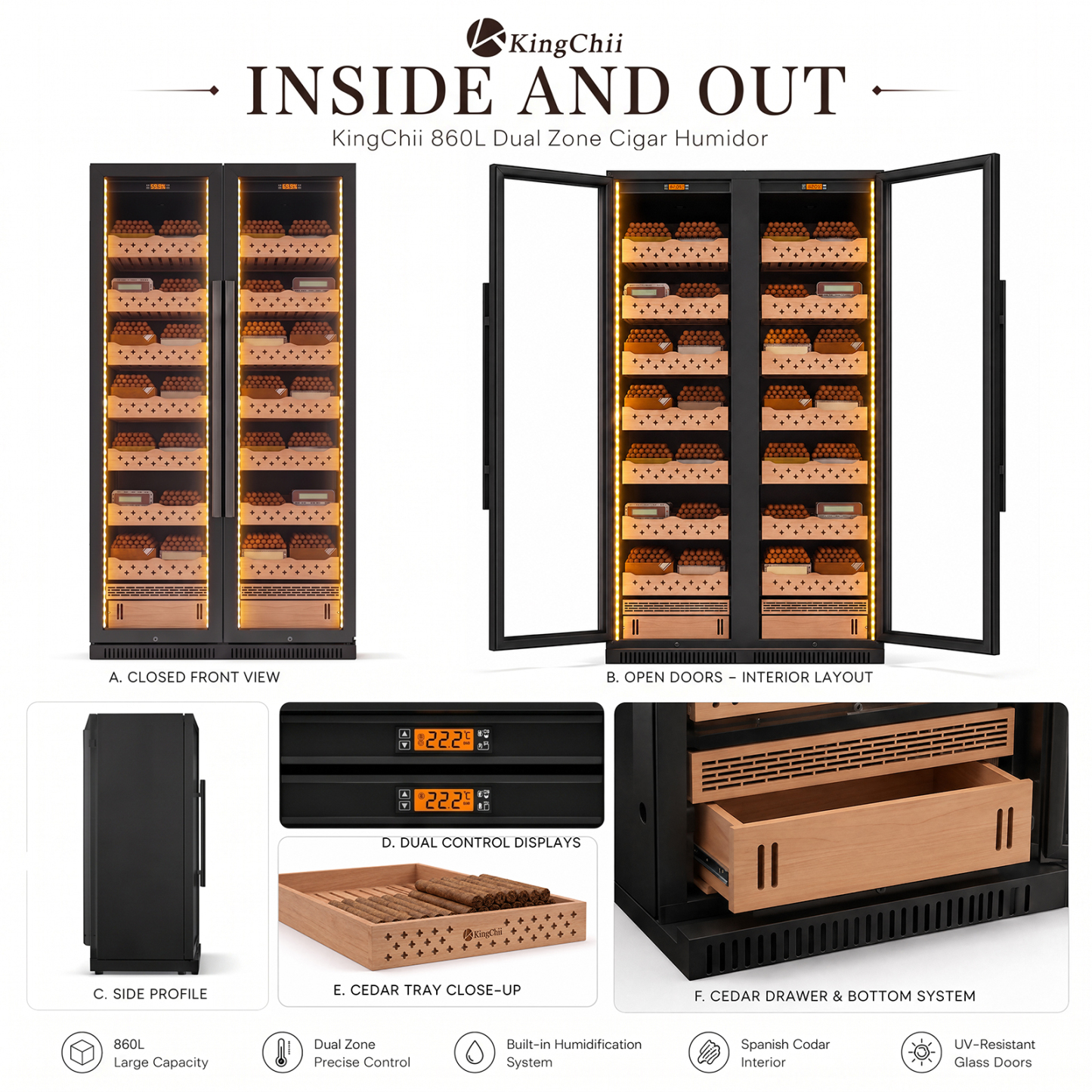 Side profile of the KingChii 860L commercial cigar humidor