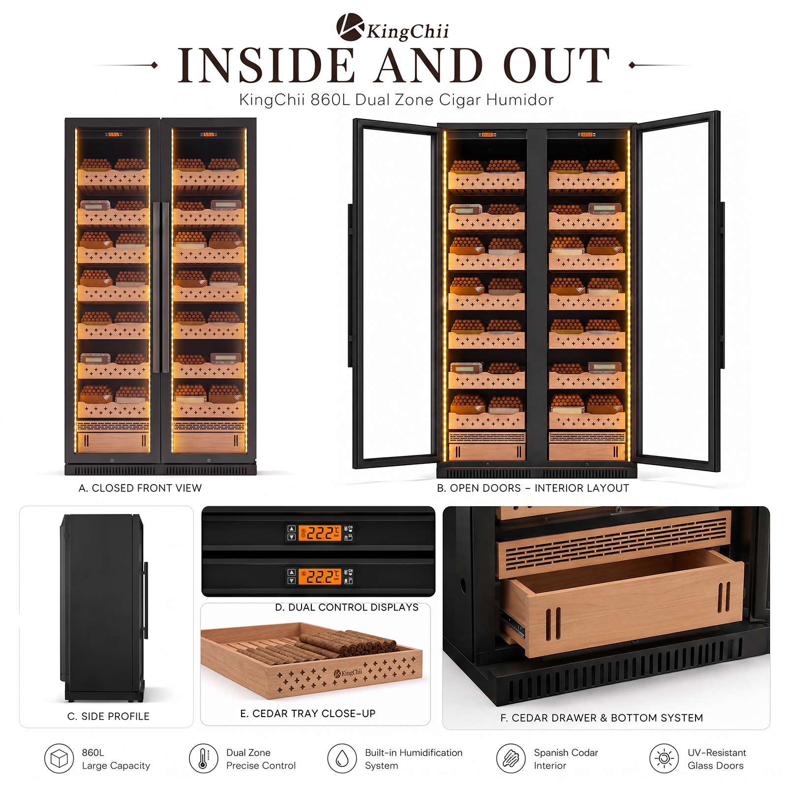 Side profile of the KingChii 860L commercial cigar humidor