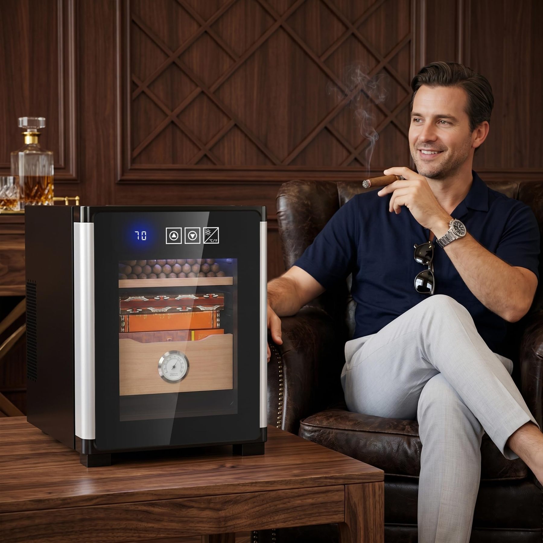 KingChii 8L Electric Cigar Humidor with New Shape Design, Digital Temperature Control Cabinet, Spanish Cedar Shelves & Hygrometer - 80 Capacity (2 Layers)