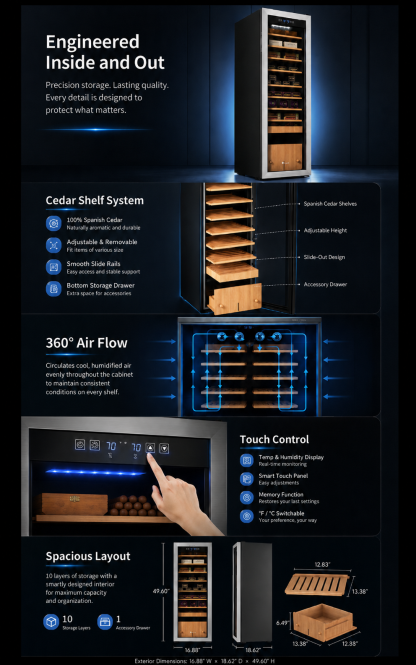 KingChii 130L Temp & Humidity Control Cigar Humidor, 1100-Cigar Capacity 