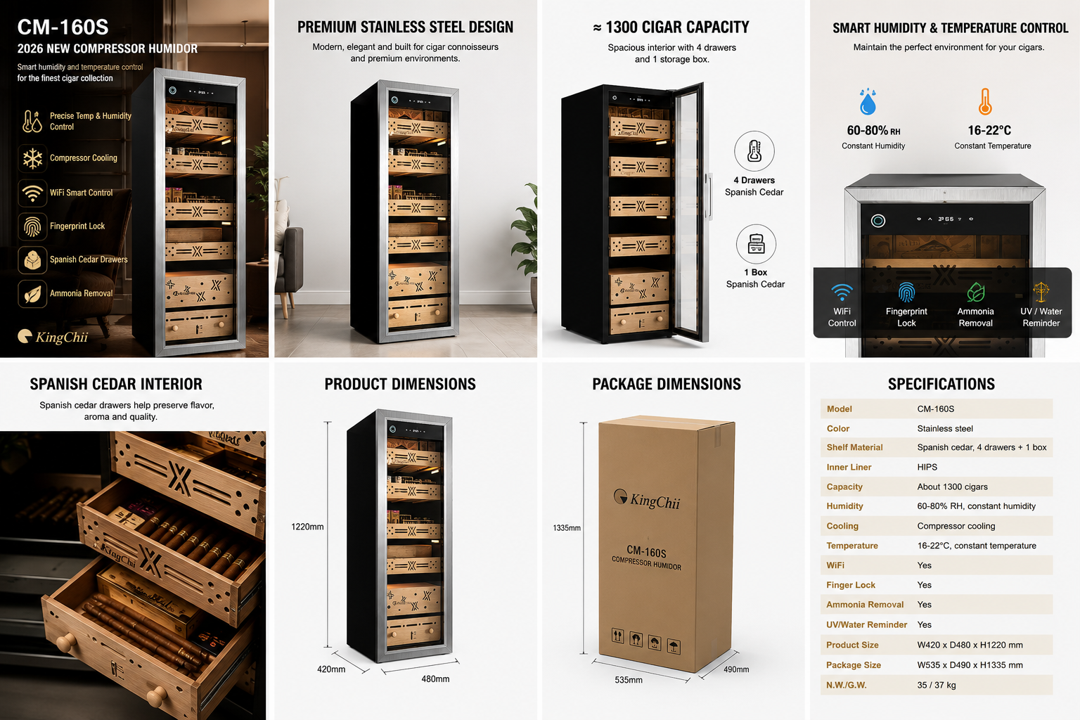 KingChii CM-160S Smart Compressor Cigar Humidor with WiFi & Fingerprint Lock – 1300 Cigar Capacity