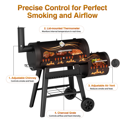 KingChii 547 SQ.IN. Charcoal Grills with Charcoal Wood Offset Smokers for Outdoor Patio BBQ Grilling, Black