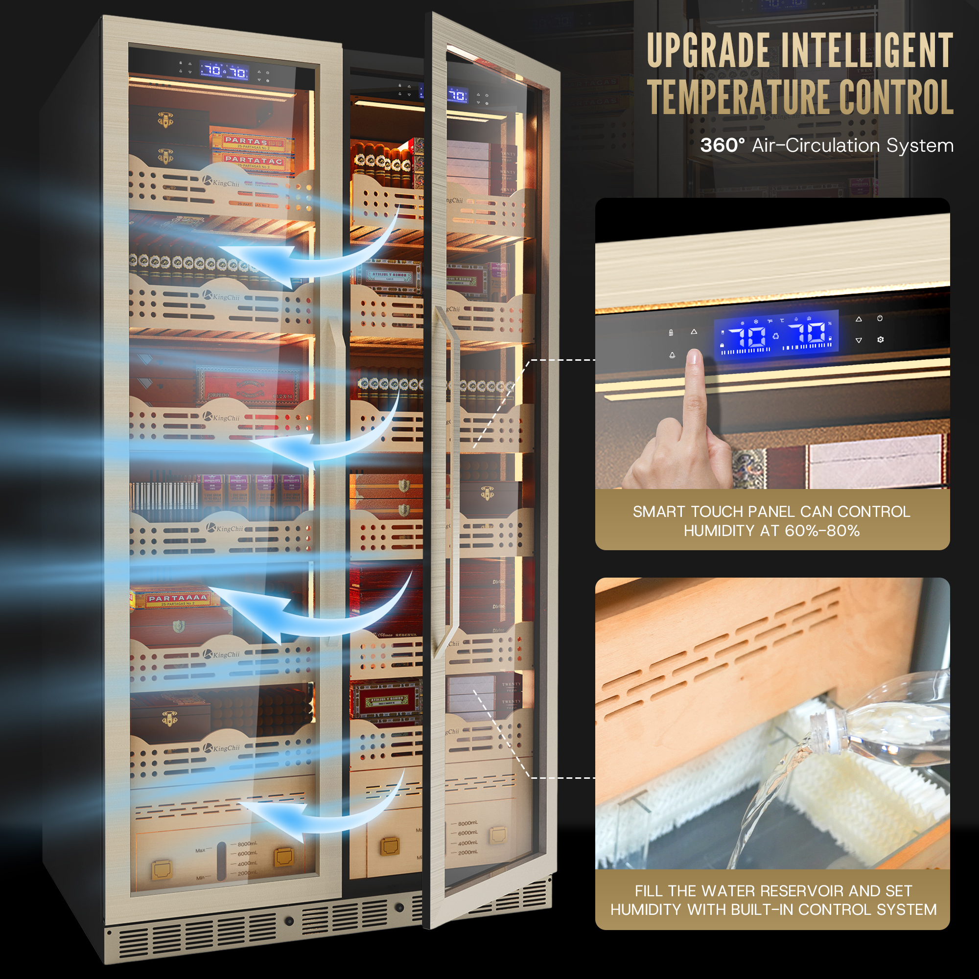 KingChii Dual Zone Electric Cigar Humidor Cabinet, 4400-5600 Capacity, Compressor Cooling, Built-in/Freestanding with Lock