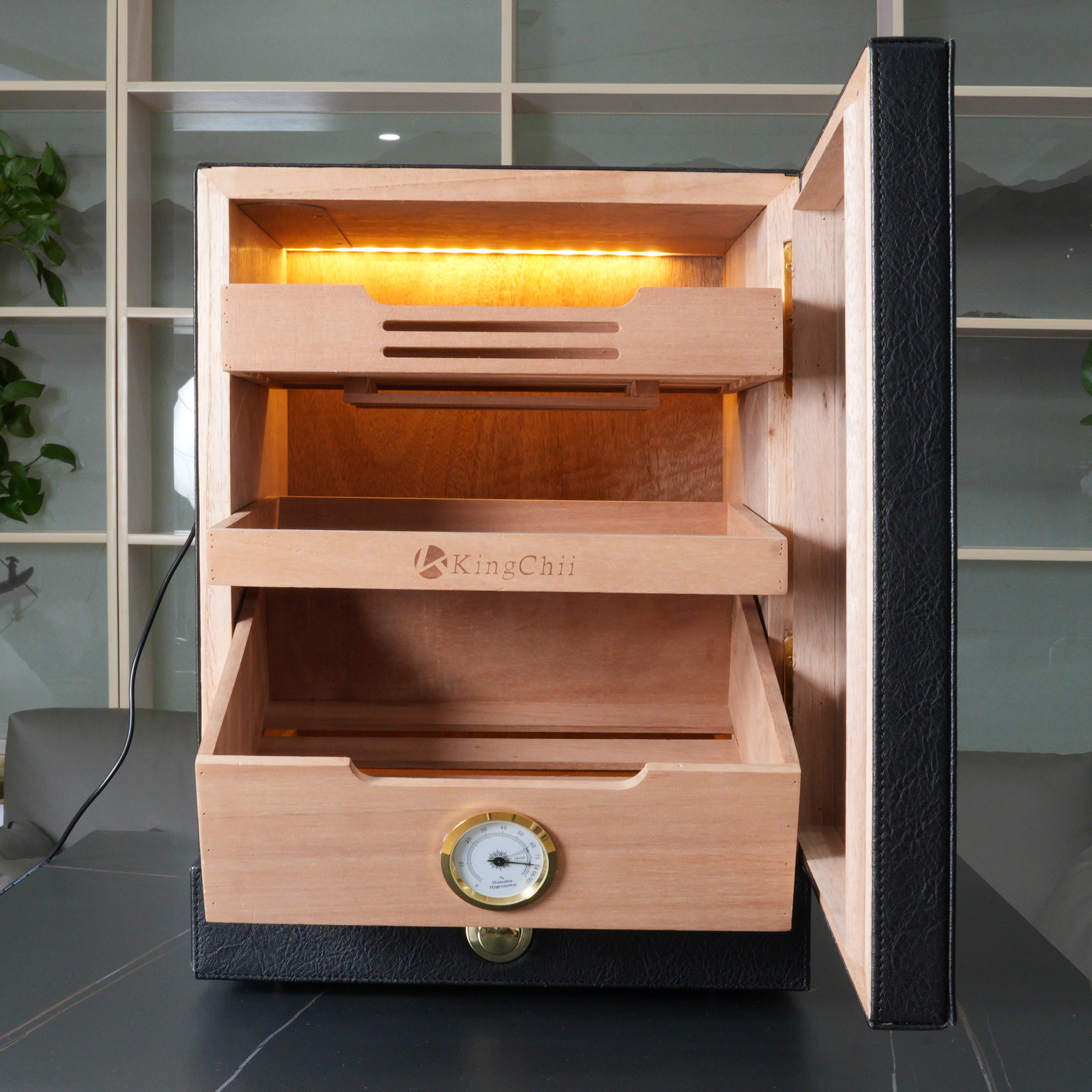 KingChii 20L 100-Cigar Light-Control Humidor, Black