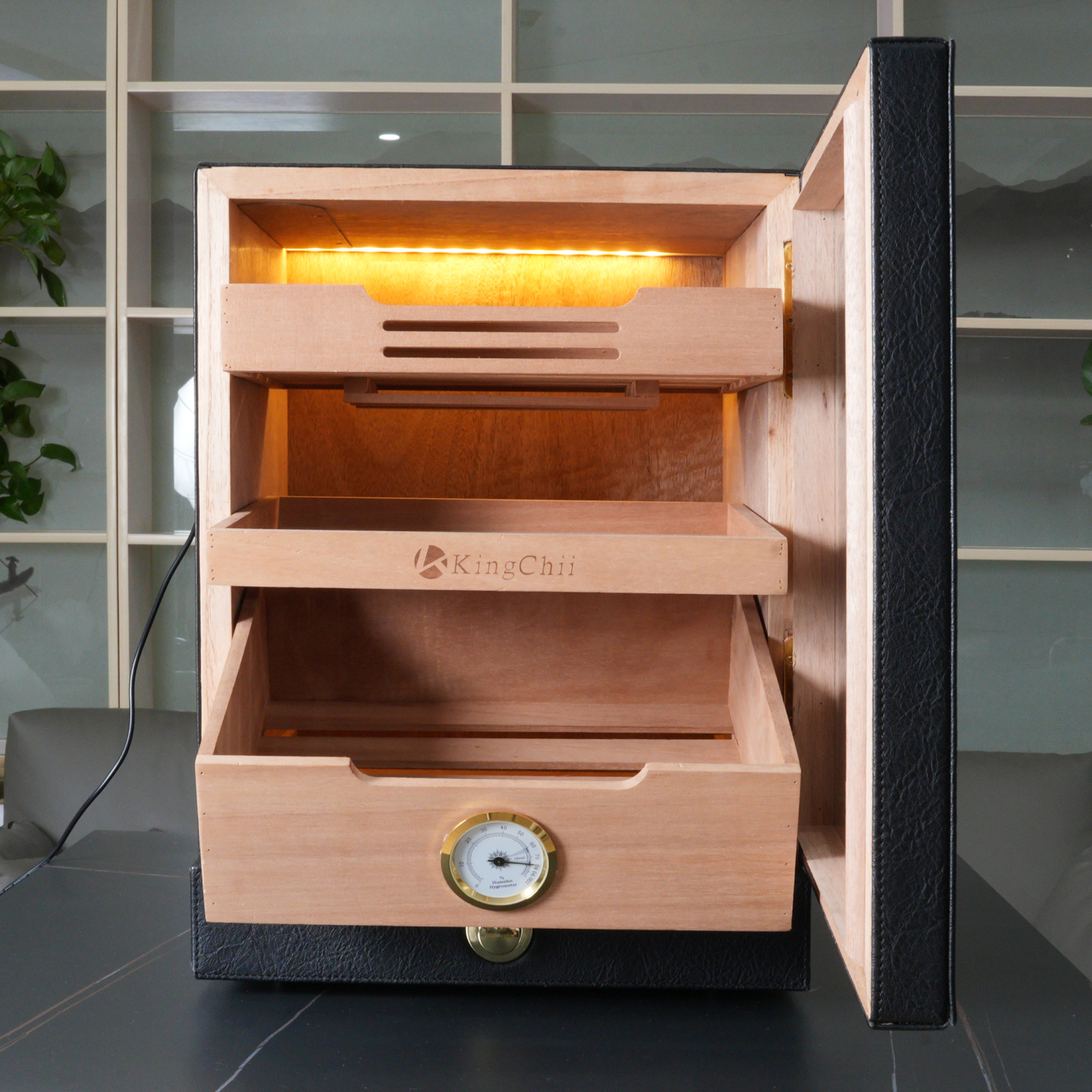 KingChii 20L 100-Cigar Light-Control Humidor, Black
