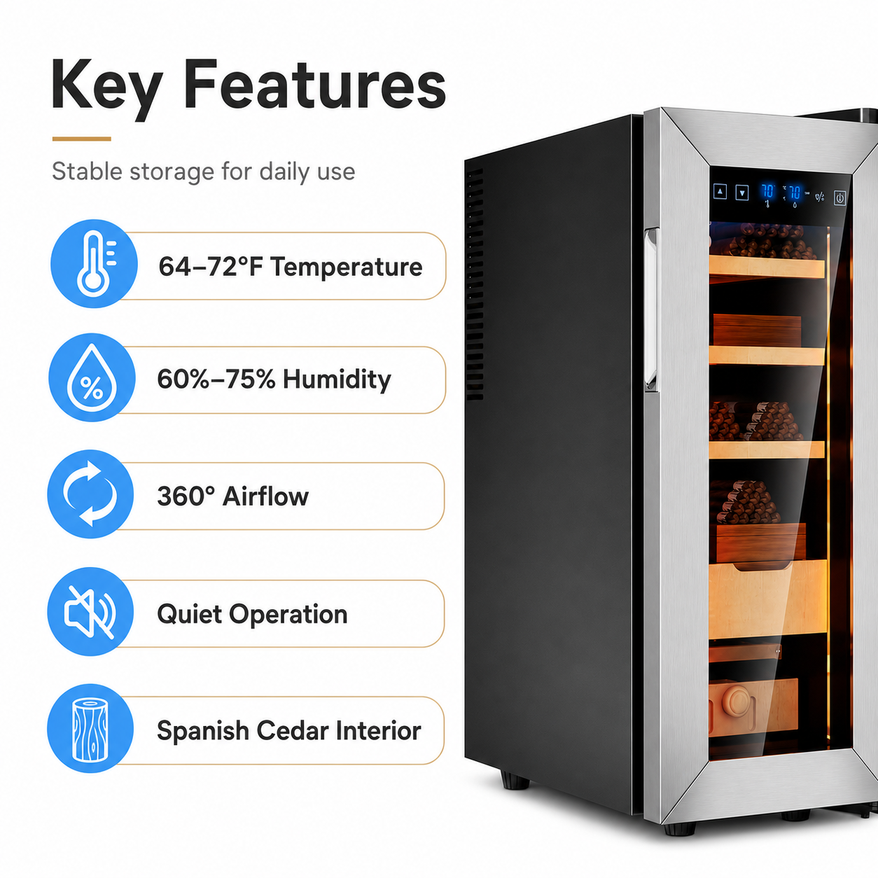 KingChii 35L Temp & Humidity Control Cigar Humidor, 250-Cigar Capacity