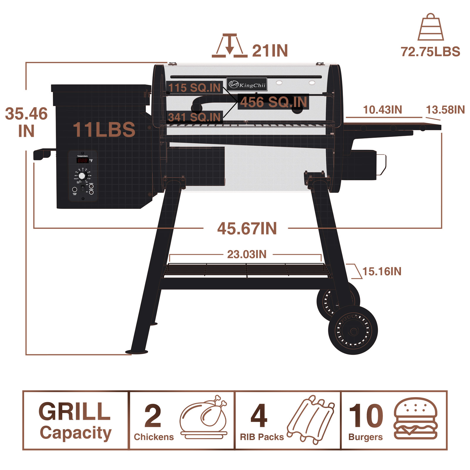 KingChii 456 SQ.IN Pellet Grill Smoker with Side Shelf, 8 IN 1 BBQ Grill with PID Temperature Control for Outdoor Cooking, BBQ Camping and Patio, Brown