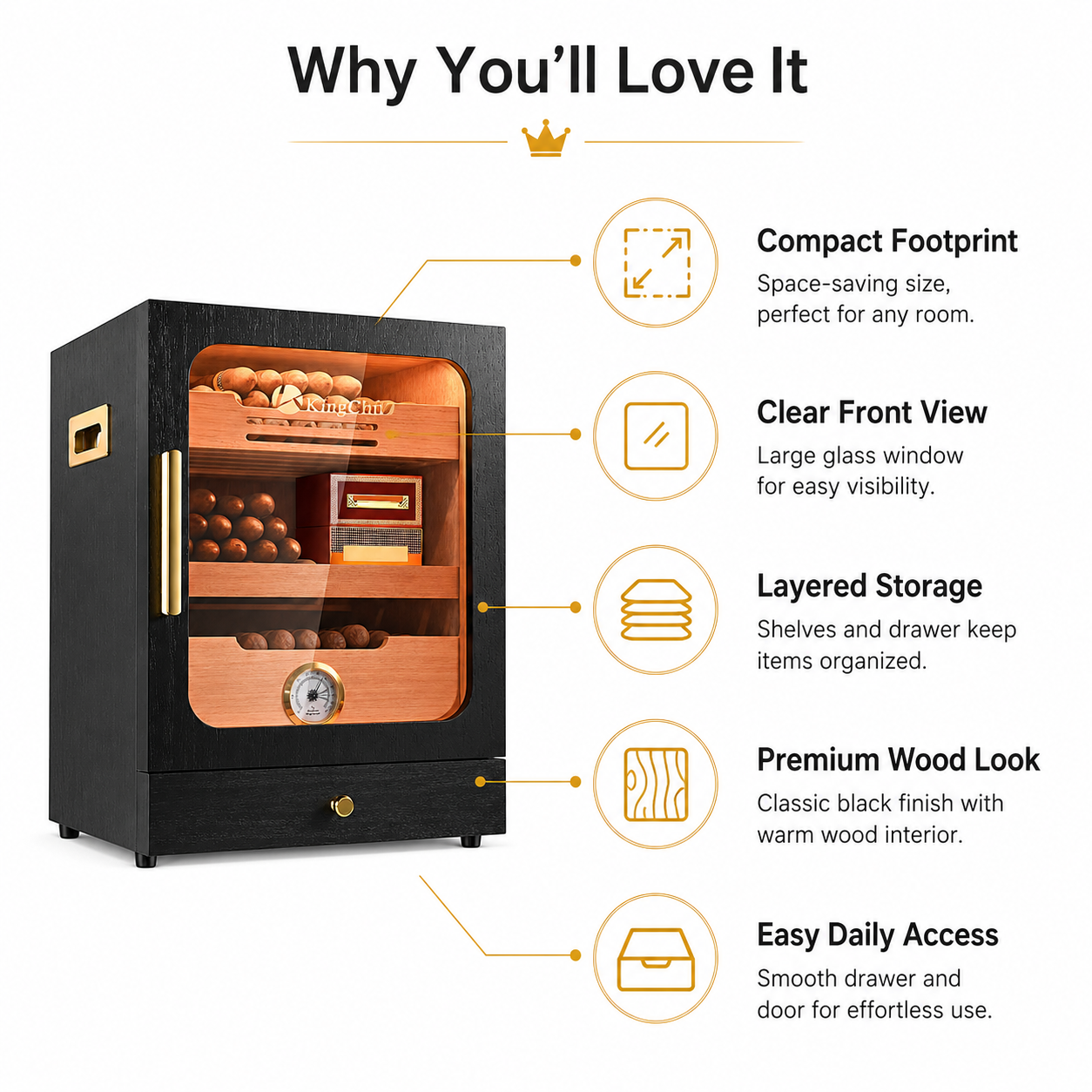 KingChii 20L 100-Cigar Light-Control Humidor, Black